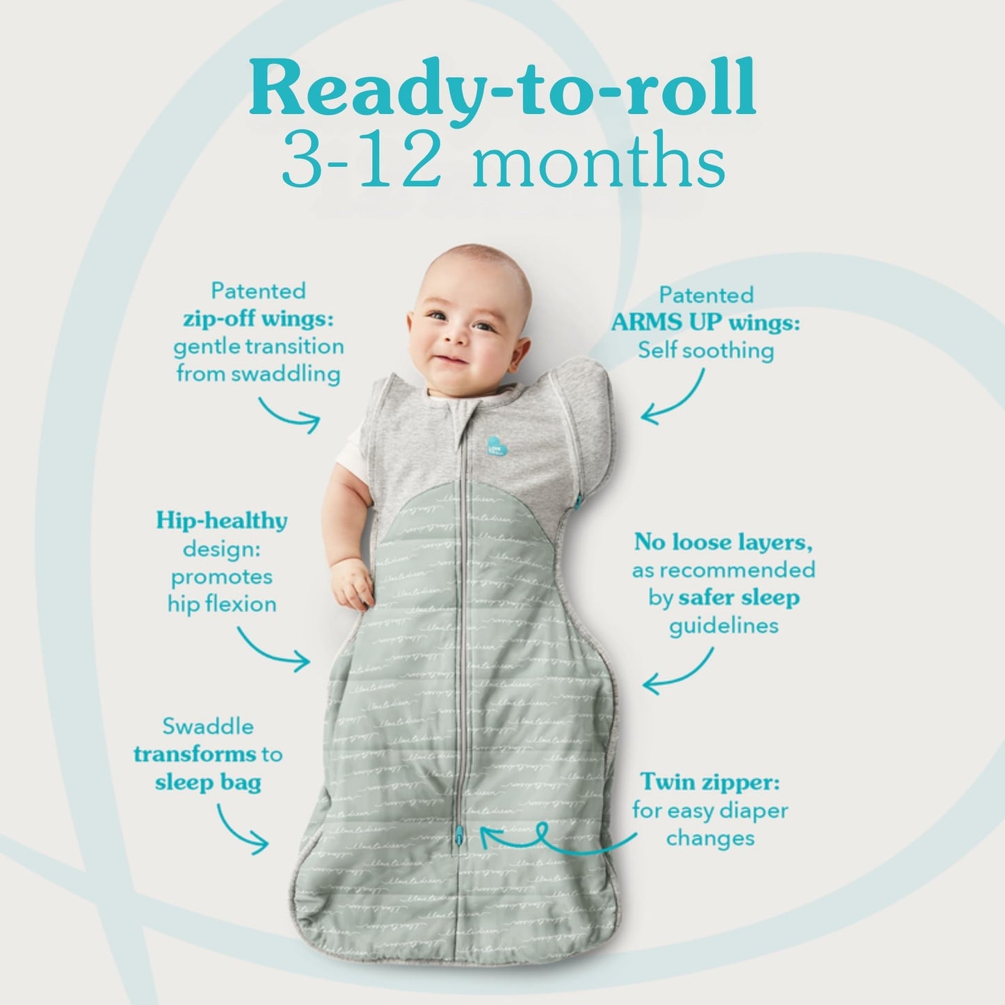 Love To Dream Swaddle Up Transition Bag, Medium 6-8.5 kg, Grey, Snug Fit, Zip-Off Wings, 1.0 Tog Suitable for Moderate Temperature (20-24°C), Machine Washable & Double Zip for Easy Nappy Change