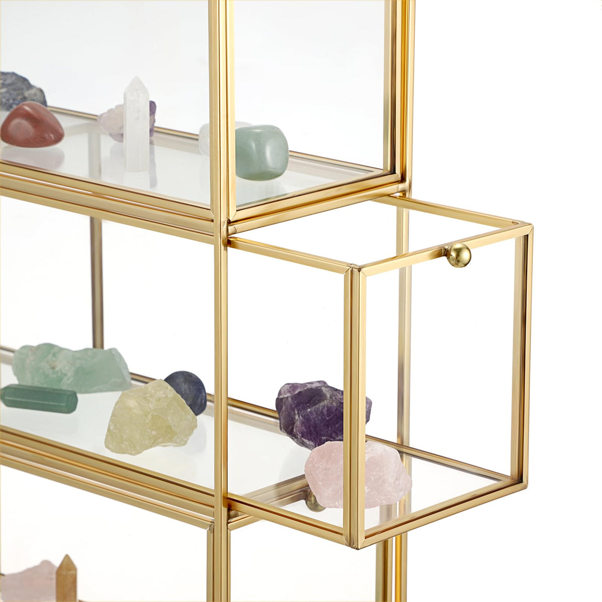 JUXYES Tabletop Brass Glass Rock Display Case with 3 Drawers - Modern Clear Rocks Collections Display Case Box - Gold Dust Proof Case Small Shelf for Collectible, Mineral Crystal, Rock, Stones