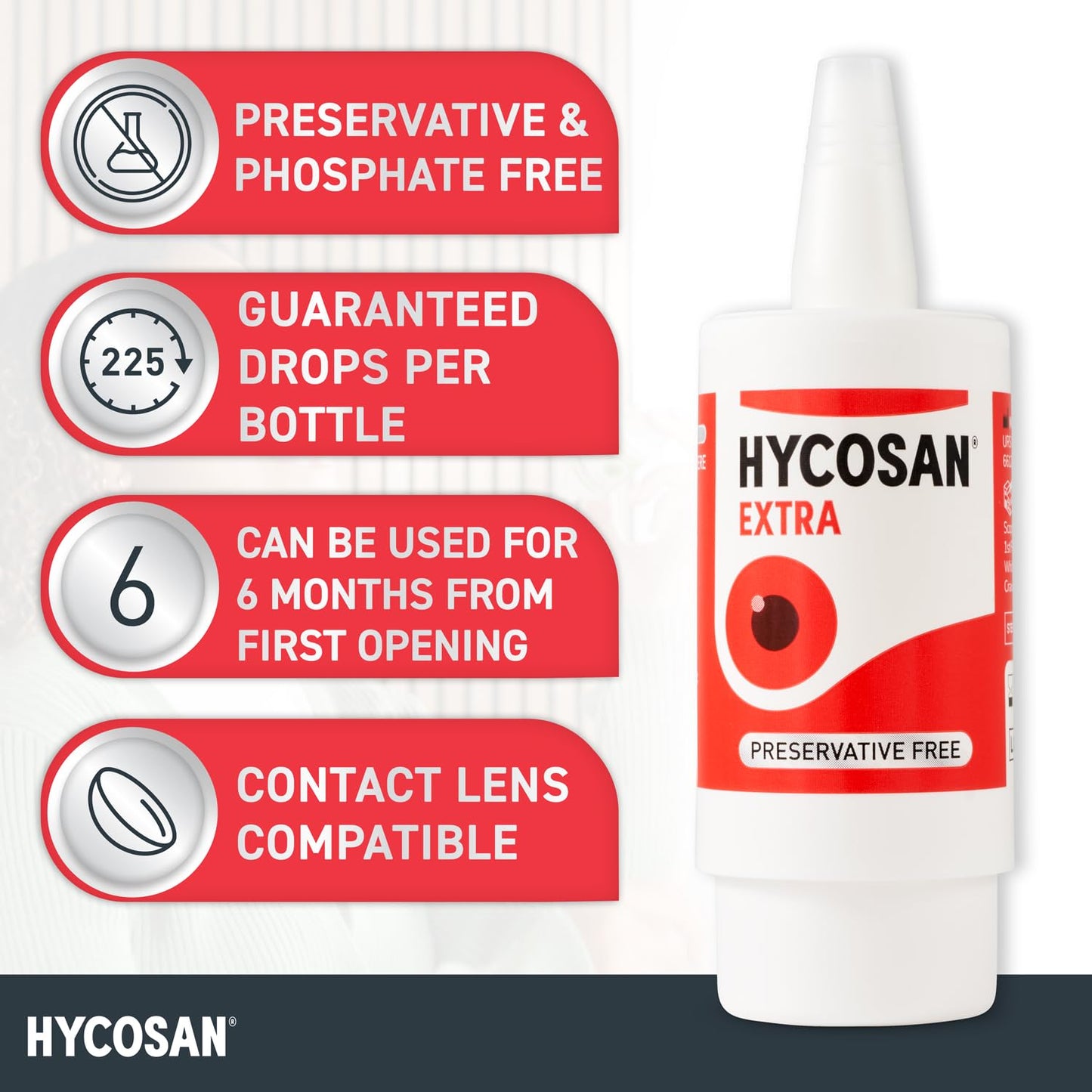 Hycosan Extra - Eye Drops with Hyaluronic Acid for Soothing Relief of Severe and Persistent Dry Eyes - Contact Lens Compatible - Preservative Free - 3 x 225 Measured Doses