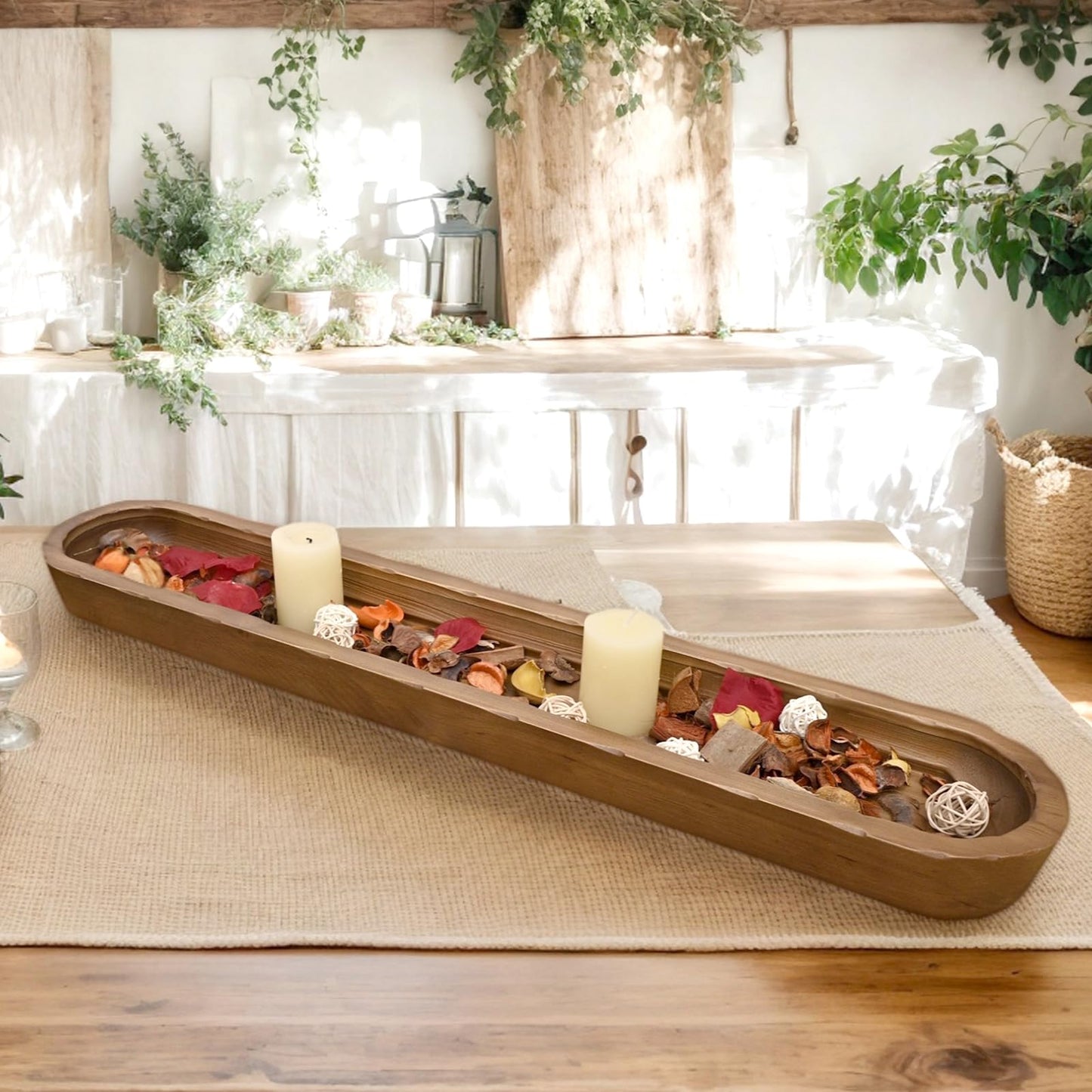 SwallowLiving Rustic Hand Carved Decorative Wood Dough Bowl, Approx 30-Inch Large Bread-Shaped Centerpiece, Long Wooden Bowl for Home Decor