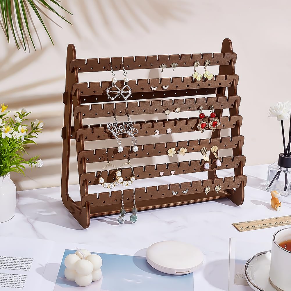 CRAFTYMELODY 7-Tier Wood Earring Stand Organizer Dangle Earring Jewelry Organizer Holder Stud Earrings Tower Detachable Wood Tiered Jewelry Card Display Tree Wooden Tray for Women Coconut Brown
