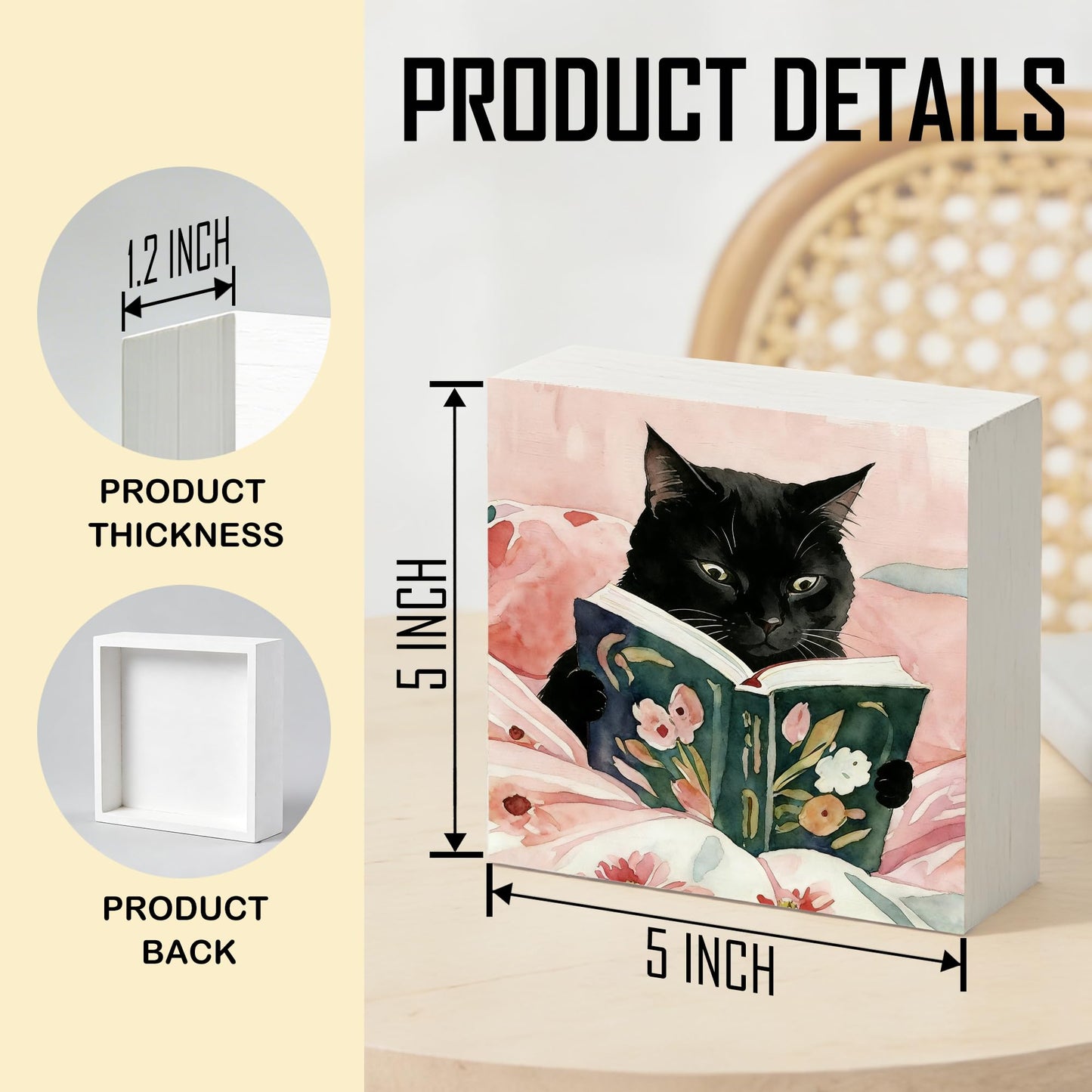 NHGMHBD Funny Black Cat Reading Book Wooden Box Sign 5x5 Inch, Reading Room Nook Corner Decor, Pink Bookish Kitten Decorative Wood Signs for Library Book Room Nook Home Desk Tabletop Shelf Decorations