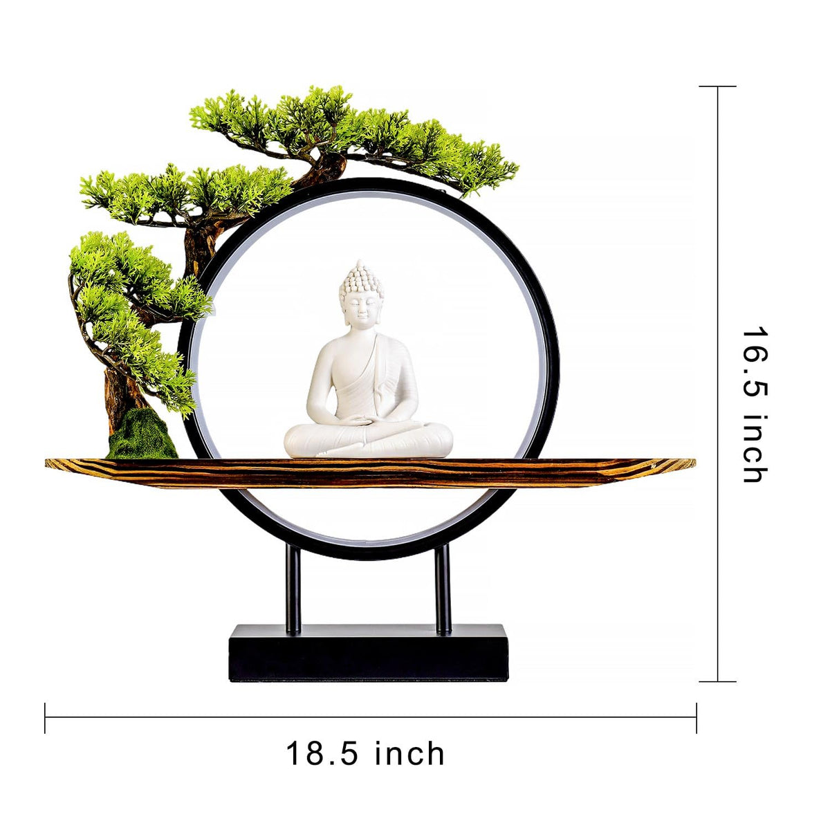 Houlu White Buddha Statue with Green Artificial Tree and LED Circle Table Lamp, Indoor Ceramic Buddha Statues for Home Decor, 16.5 in