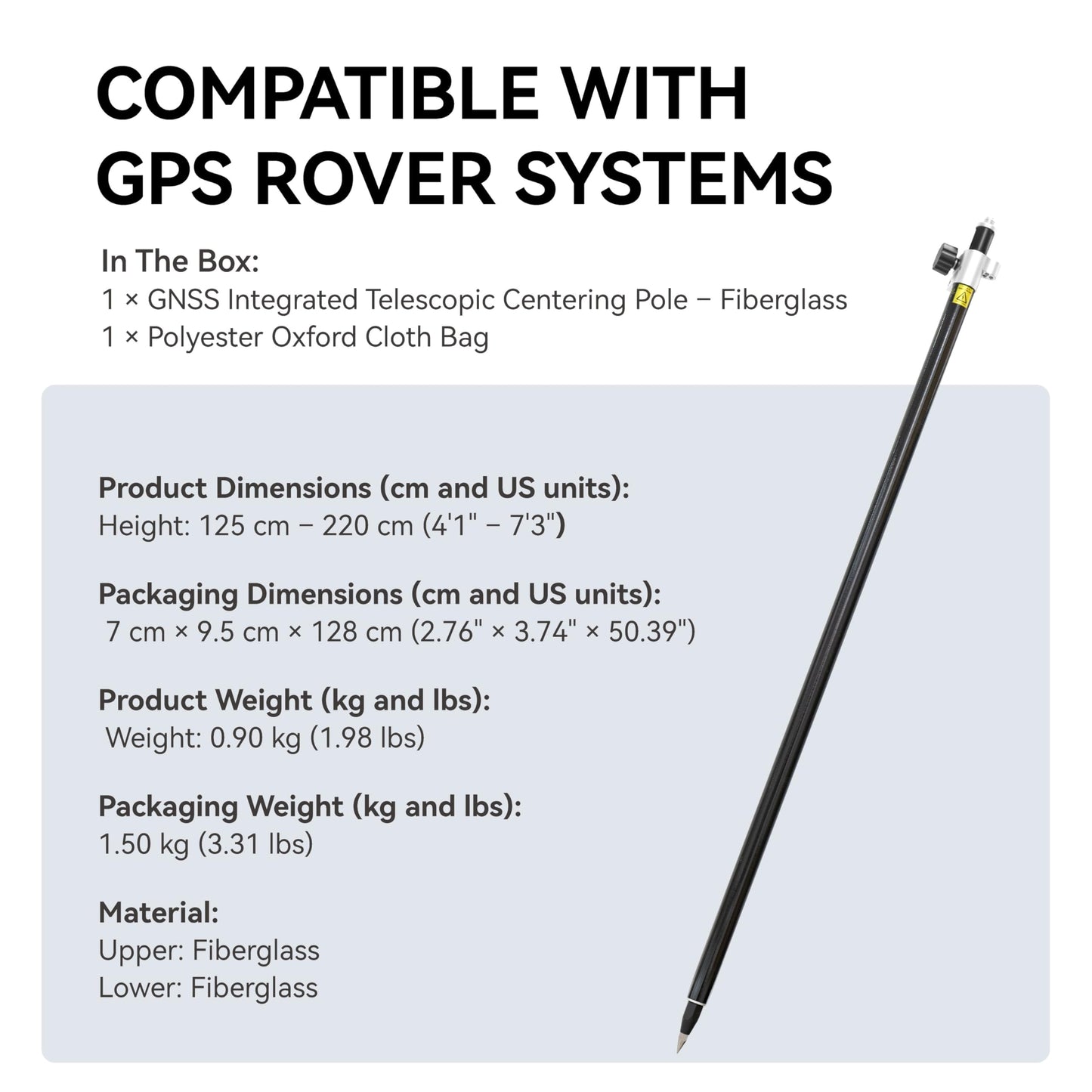 2.2 m / 7.22 ft Self-Locking Fiberglass GPS Survey Pole, GNSS Rover Rod Compatible with Trimble, 5/8″ Thread, 125–220 cm Adjustable, Twist-Lock, Lightweight Oxford Carry Bag for RTK Land Surveying