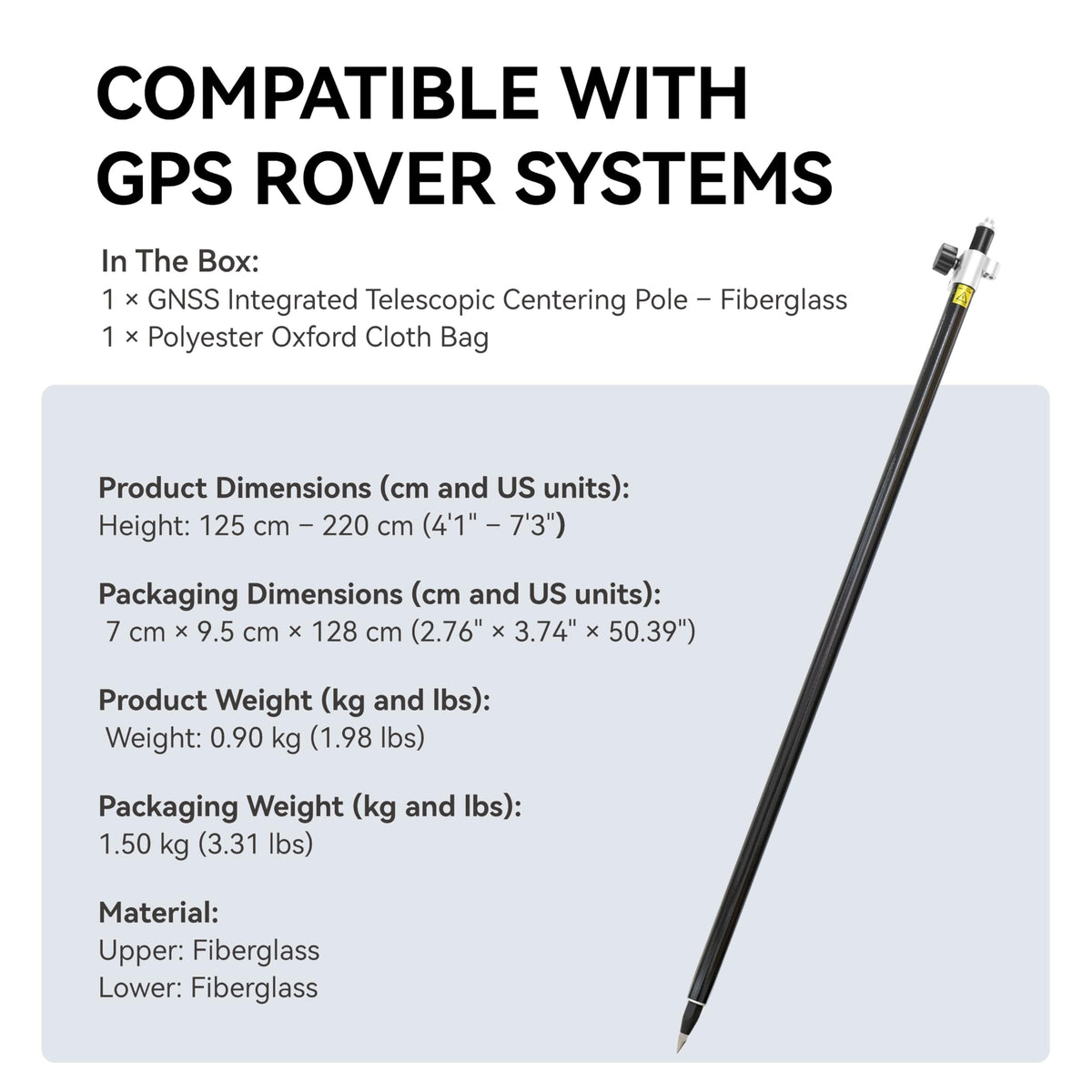 2.2 m / 7.22 ft Self-Locking Fiberglass GPS Survey Pole, GNSS Rover Rod Compatible with Trimble, 5/8″ Thread, 125–220 cm Adjustable, Twist-Lock, Lightweight Oxford Carry Bag for RTK Land Surveying