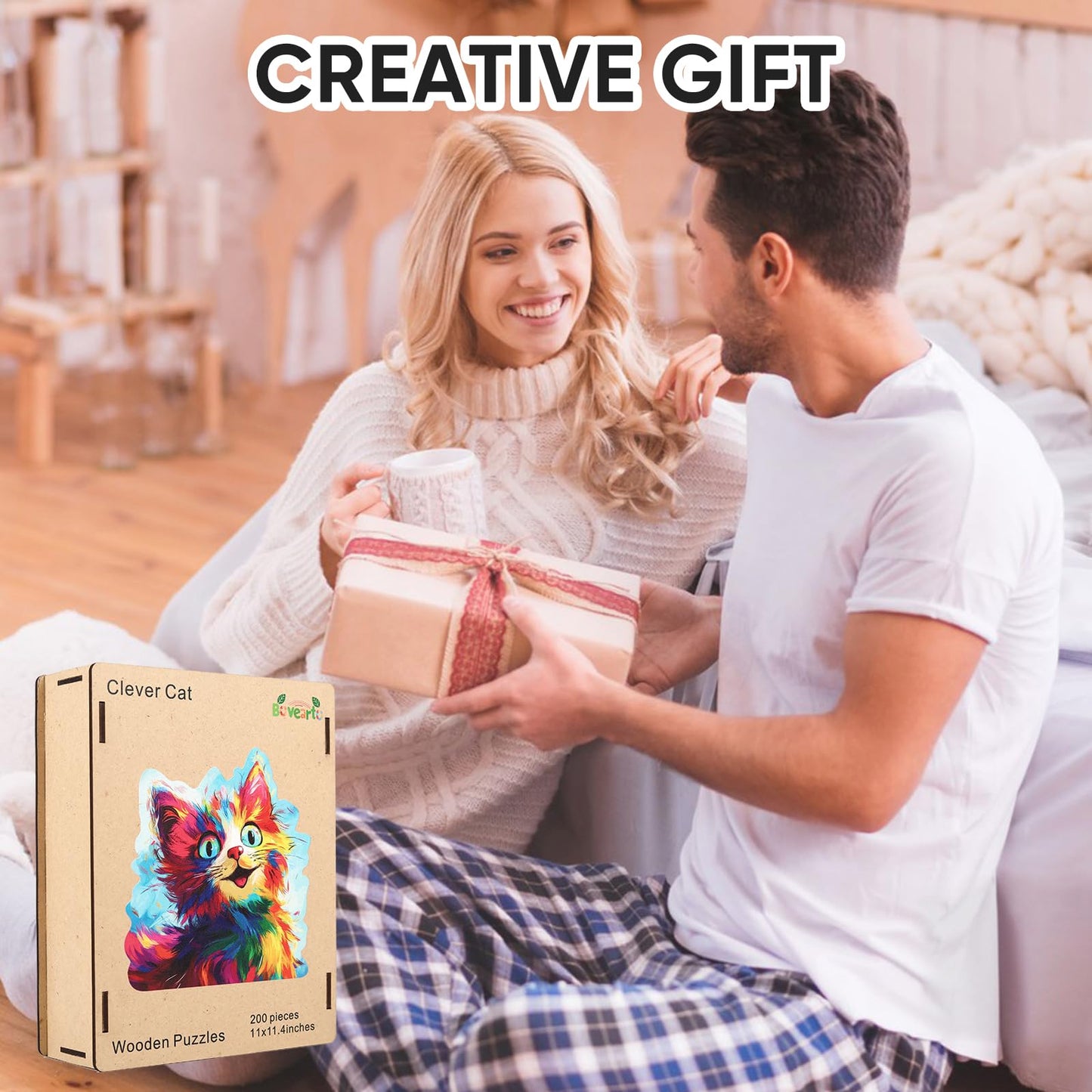 Bovearto 200 Piece Wooden Jigsaw Puzzles for Adults, Cat Puzzles with Unique Animal Shapes, Brain Teaser for Kids Ages 8+, Comes with Storage Box & Puzzle Gift Box, Bold Color Art (11" x 11.4")
