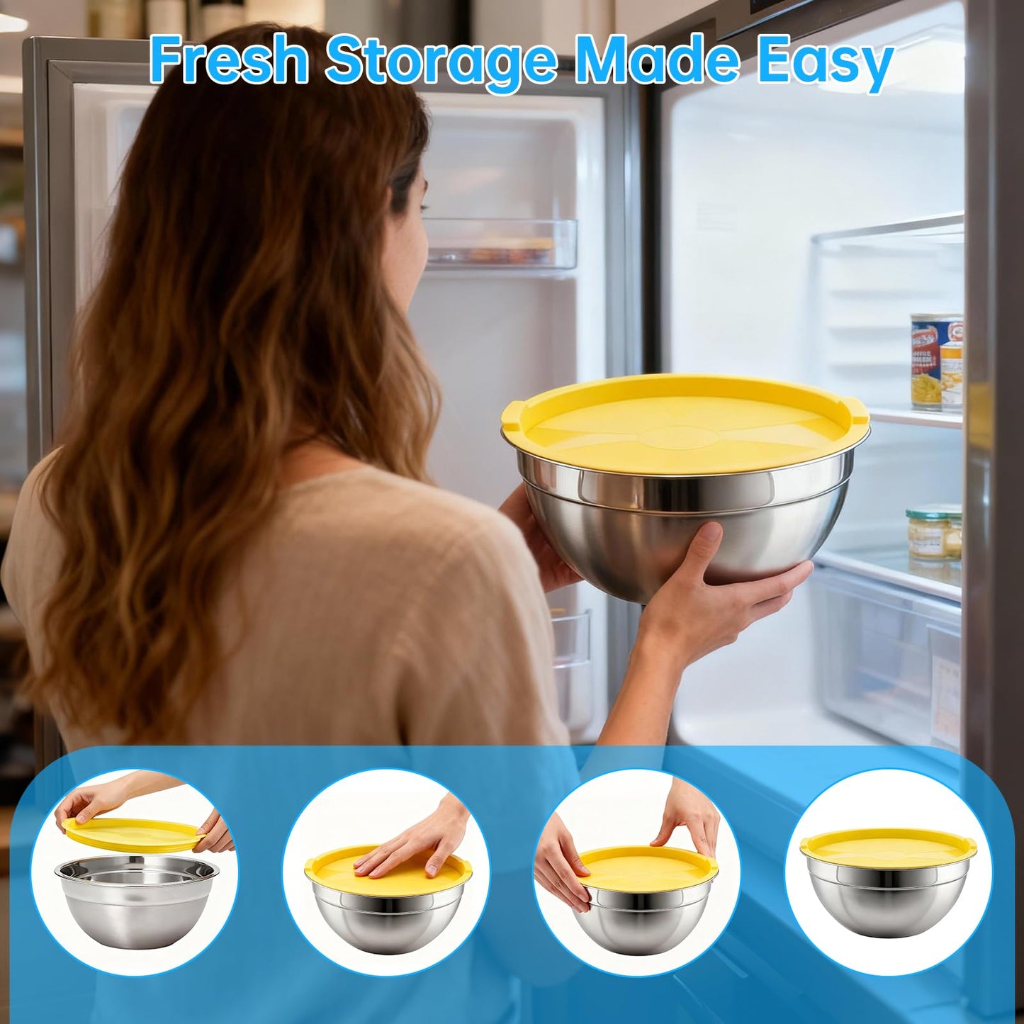 Fevbcnrj Salad Chopper Bowl and Cutter with Lid, Stainless Steel Chopping Bowl, Mezzaluna Mincing Knife with Protective Cover, Snap-Tight Storage Lid, for Super-Fast Salad Prep