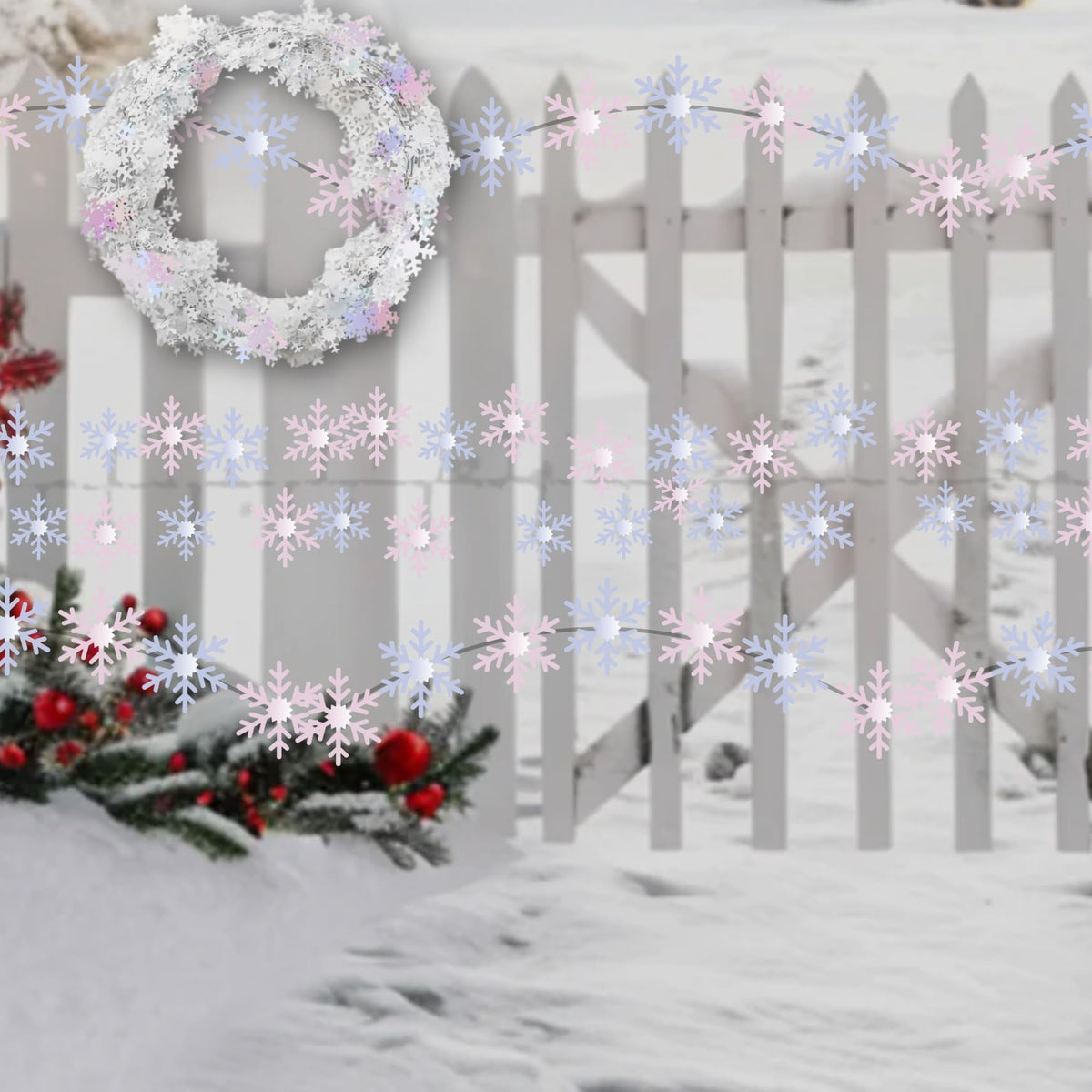 PMU 150 Ft Snowflake White Iridescent, Wire Shiny Garland - Halloween, Christmas Party, Wedding, Birthday, Festive Home Decoration Ornament (6pc-25 Ft Each)