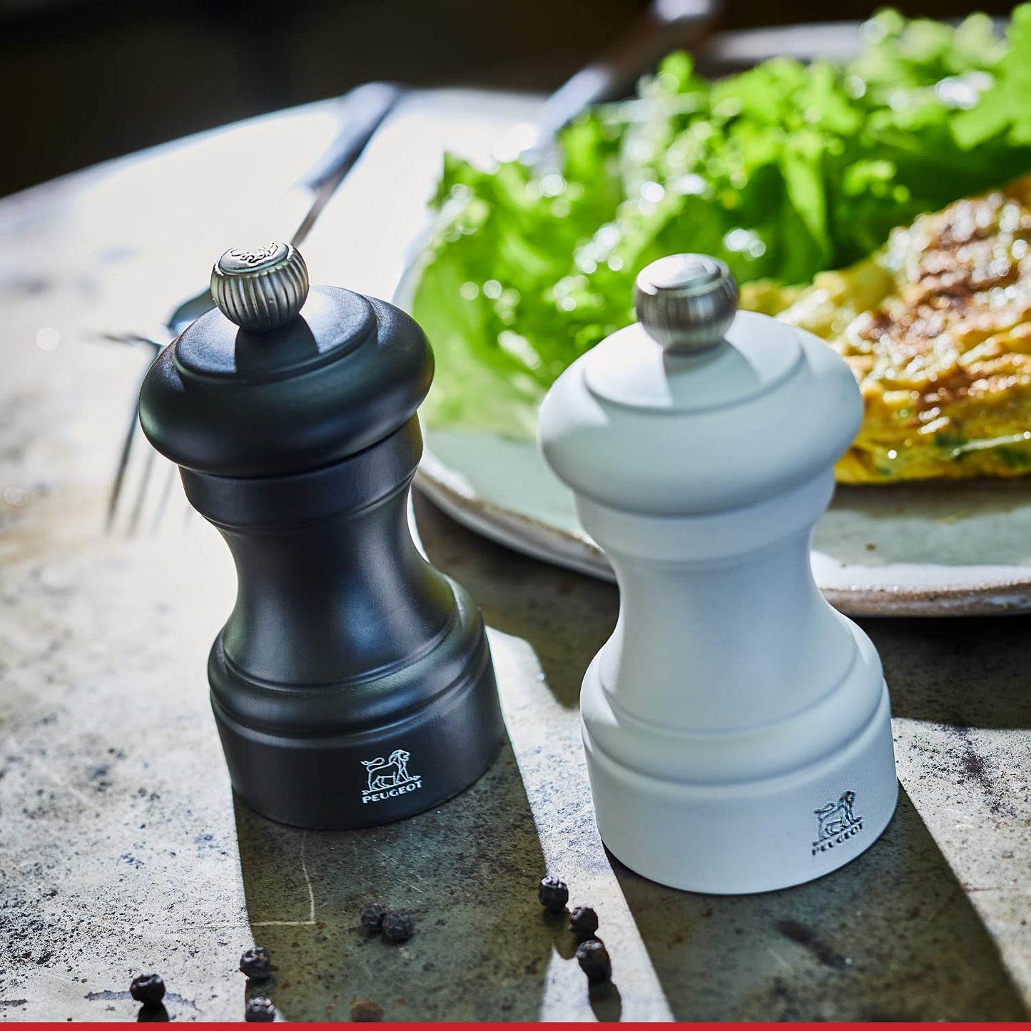 Peugeot Bistro Duo Manual Salt and Pepper Mill Set - Classic Adjustable Grinder, Beechwood, 4 inch, Black and White