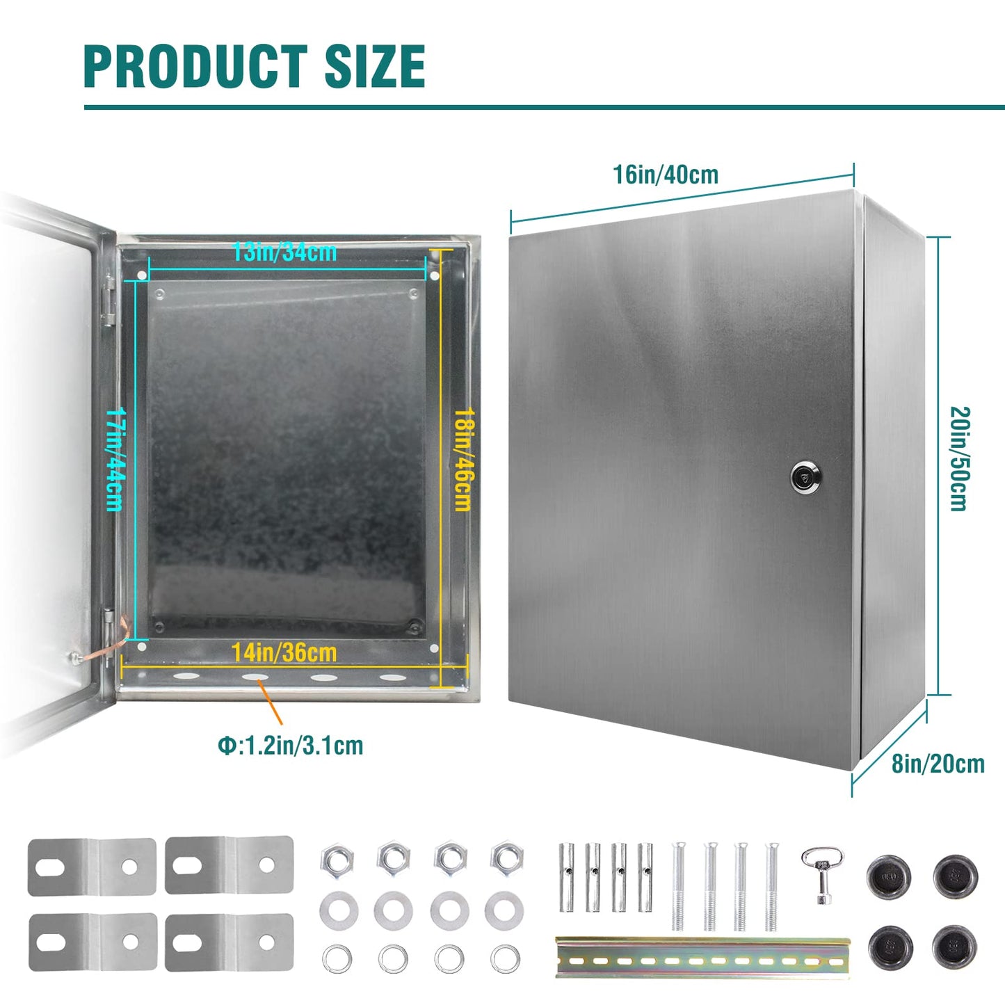 Outdoor Electrical Box 20 x 16x 8'' NEMA 4X Enclosure 304 Stainless Steel Outdoor/Indoor Lockable Electrical Junction Box,IP65 Waterproof,Mounting Plate, Wall/Pole Mounted