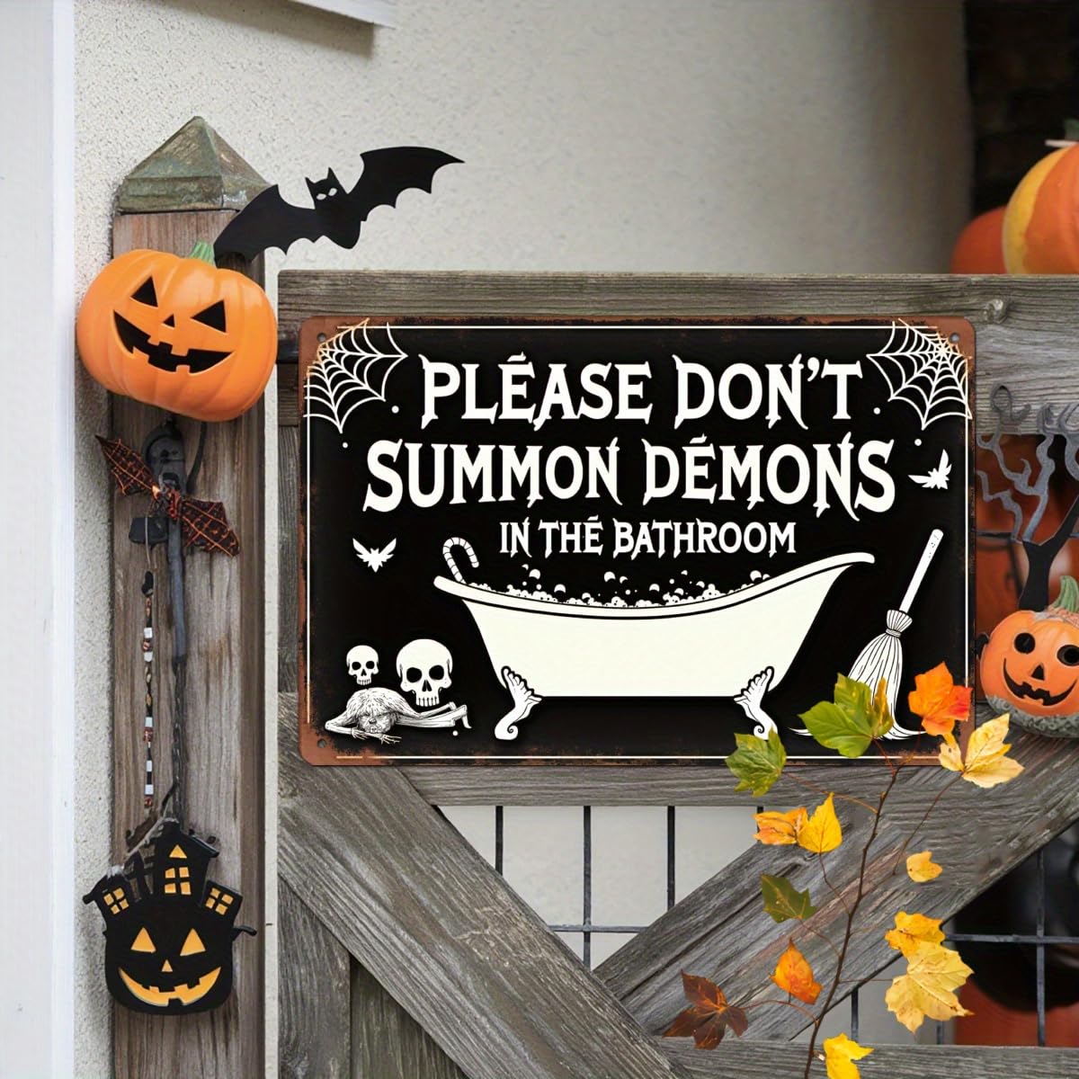 Please Don't Summon Demons in the Bathroom Halloween Retro Metal Tin Sign Wall Art Decor for Home Farmhouse Halloween Bathroom Party 8x12 Inch