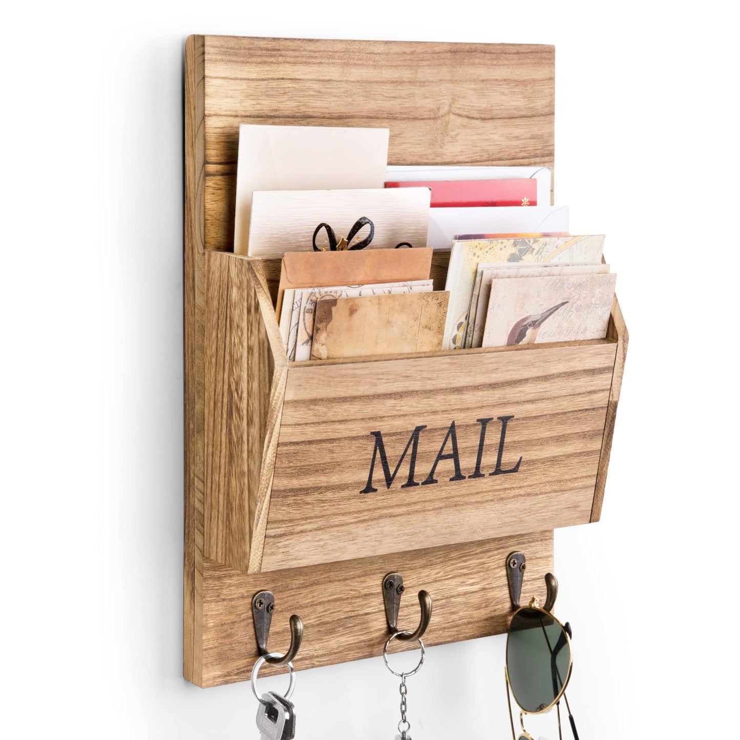 DLQuarts Mail Organizer with Key Holder for Wall Decorative Mail Sorter Wall Mounted, Wooden Mail Holder with 3 Hooks, Carbonized Brown