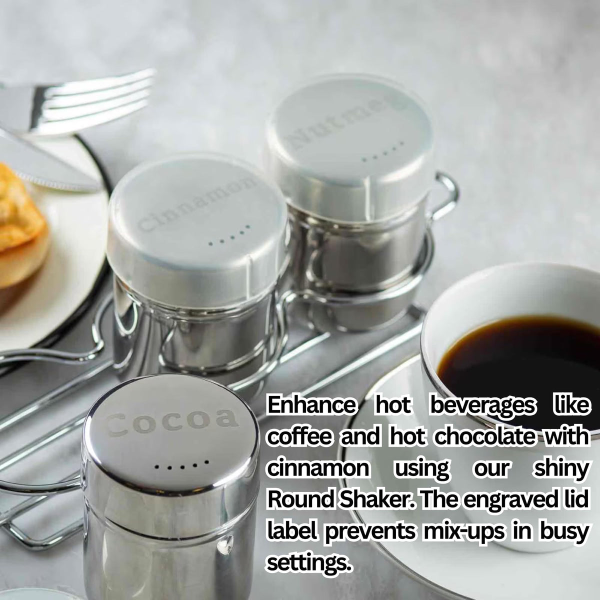 TableCraft 11052 Dredge Shaker, Stainless Steel 6 oz Coffee and Baking Spice Jar with Storage Cap, Mirror Finish, Nutmeg Engraved Lid Label, Ideal for Kitchen and Beverage Bar Use