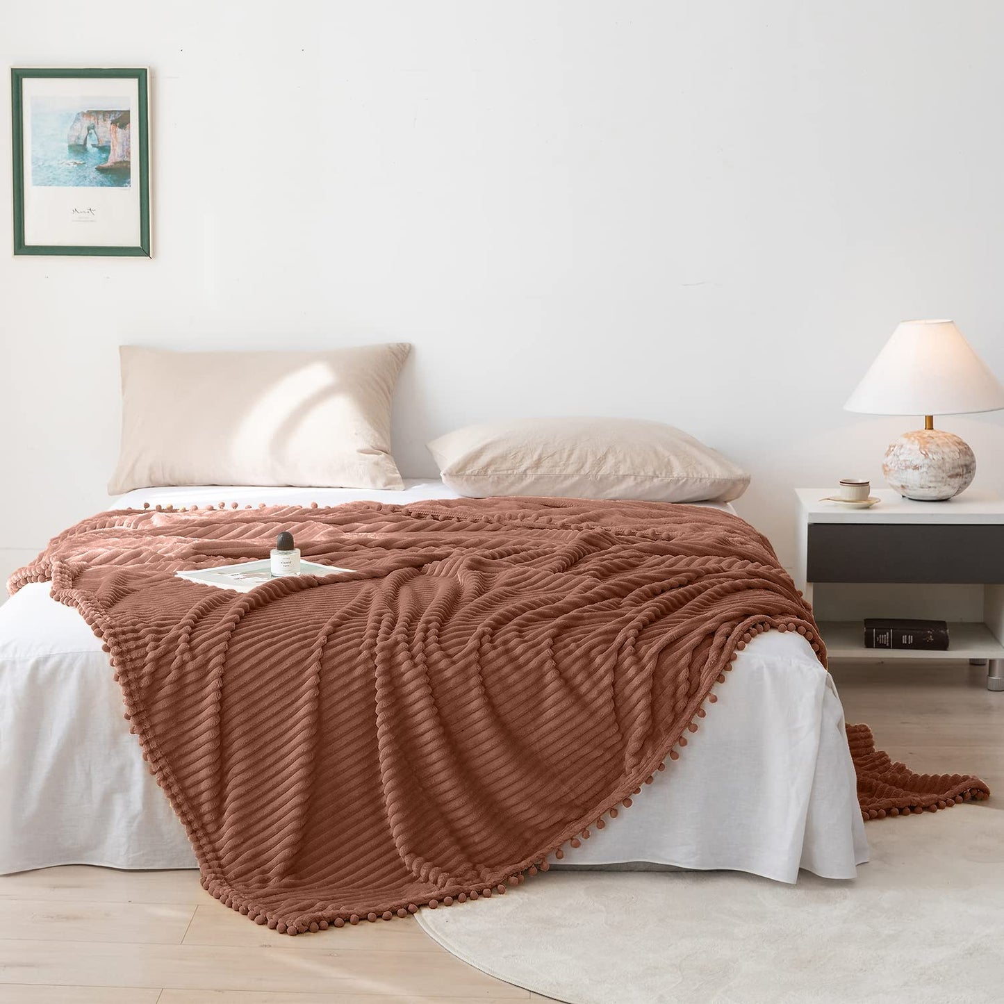 DISSA Fleece Blanket Throw Size – 51x63, Caramel – Soft, Plush, Fluffy, Fuzzy, Warm, Cozy – Perfect Throw for Couch, Bed, Sofa - with Pompom Fringe - Flannel Blanket Throw Blanket