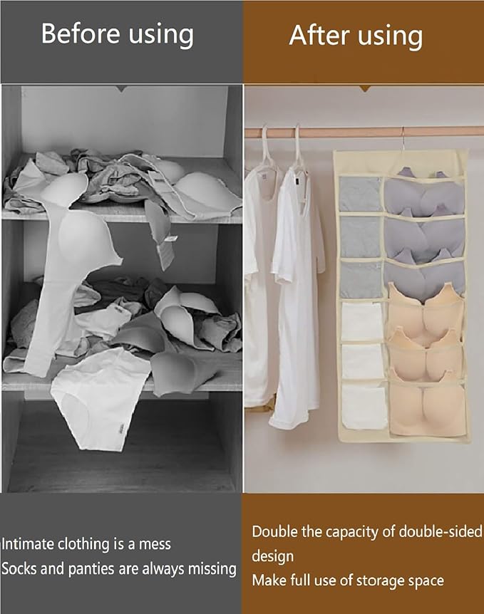 Closet Hanging Organizer with Mesh Pockets & Rotating Metal Hanger, Dual Sided