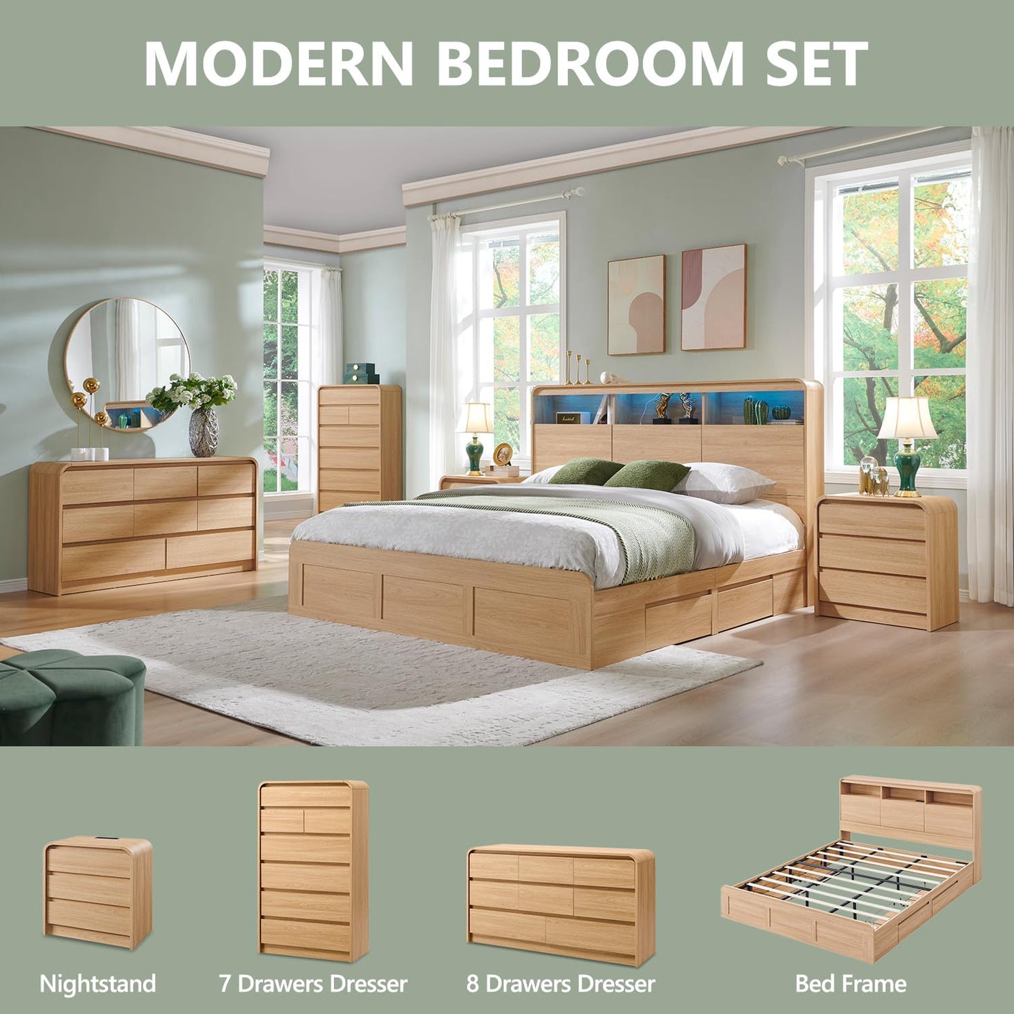 Aitjunz Modern 7 Drawers Dresser for Bedroom, 55" Tall Dressers & Chest of Drawers w/Curved Profile Design, Wood Mid Century Vertical Storage Dressers Organizer for Bedroom, Living Room, Natural Oak