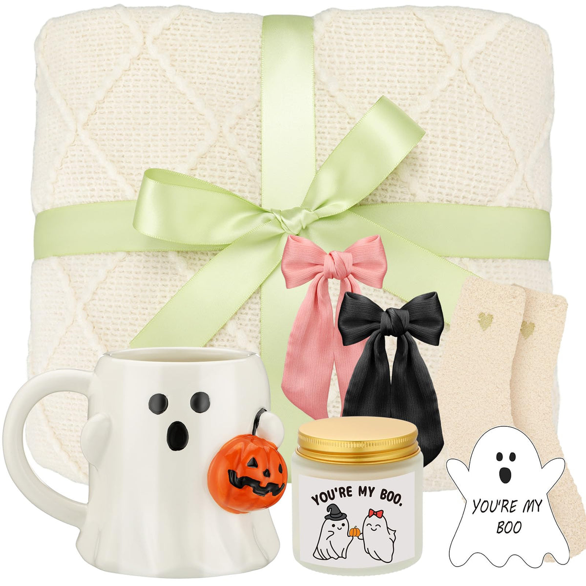 Mimorou Halloween Boo Basket Gifts for Adults Women Halloween Basket Stuffer with Ghost Mug Knitted Tassel Blanket Boo Scented Candle Gifts for Friends Women Family