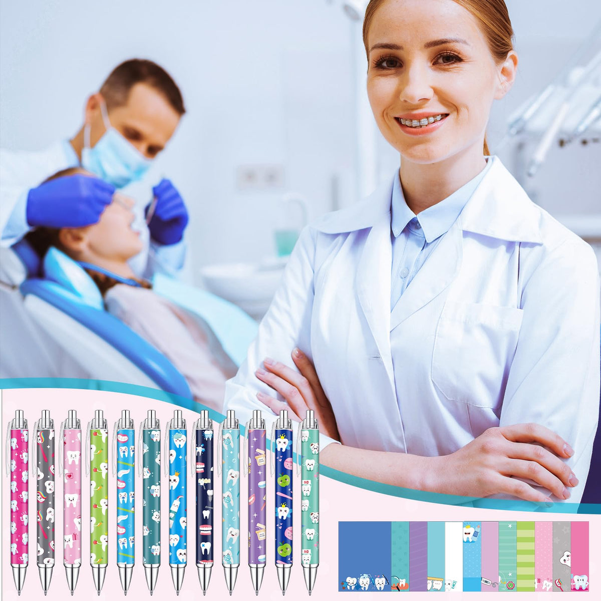 Thenshop 24 Pcs Dental Pens and Notepad Set Teeth theme Gifts Dentist Assistant Accessories Dentists Pens for Office School Home Stationery Fall Thanksgiving Christmas Classroom Craft Gifts