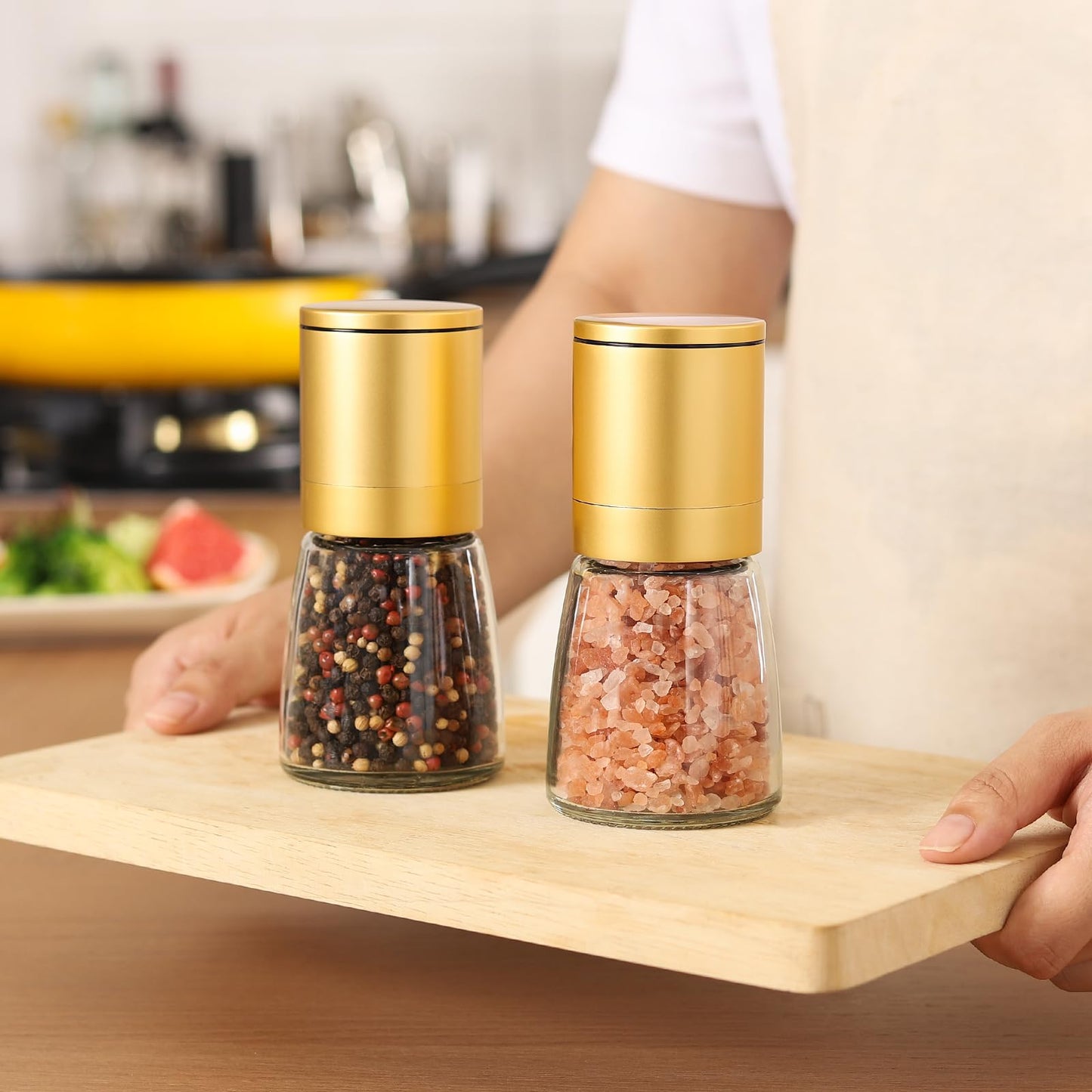 Vucchini Gold Salt and Pepper Grinder Mill - Adjustable Coarseness Ceramic Brass Spice Grinder Shaker - Refillable Glass Pepper Grinders for Home Golden Kitchen Accessories