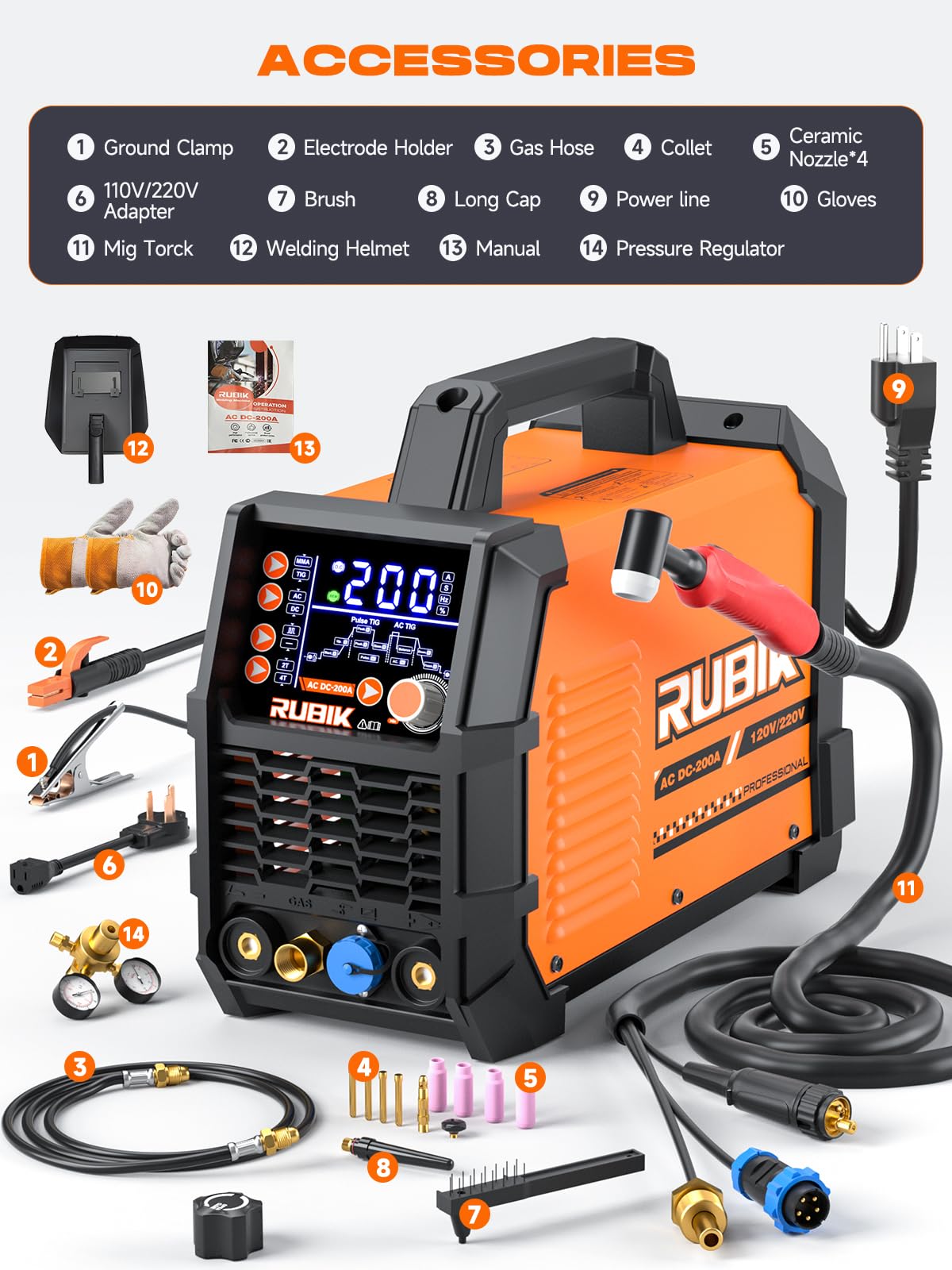 Rubik Stick Welder, ARC MMA 225Amp Electric Welding Machine and AC DC 200A TIG Welder with Pulse, 6 in 1 Aluminum Welder