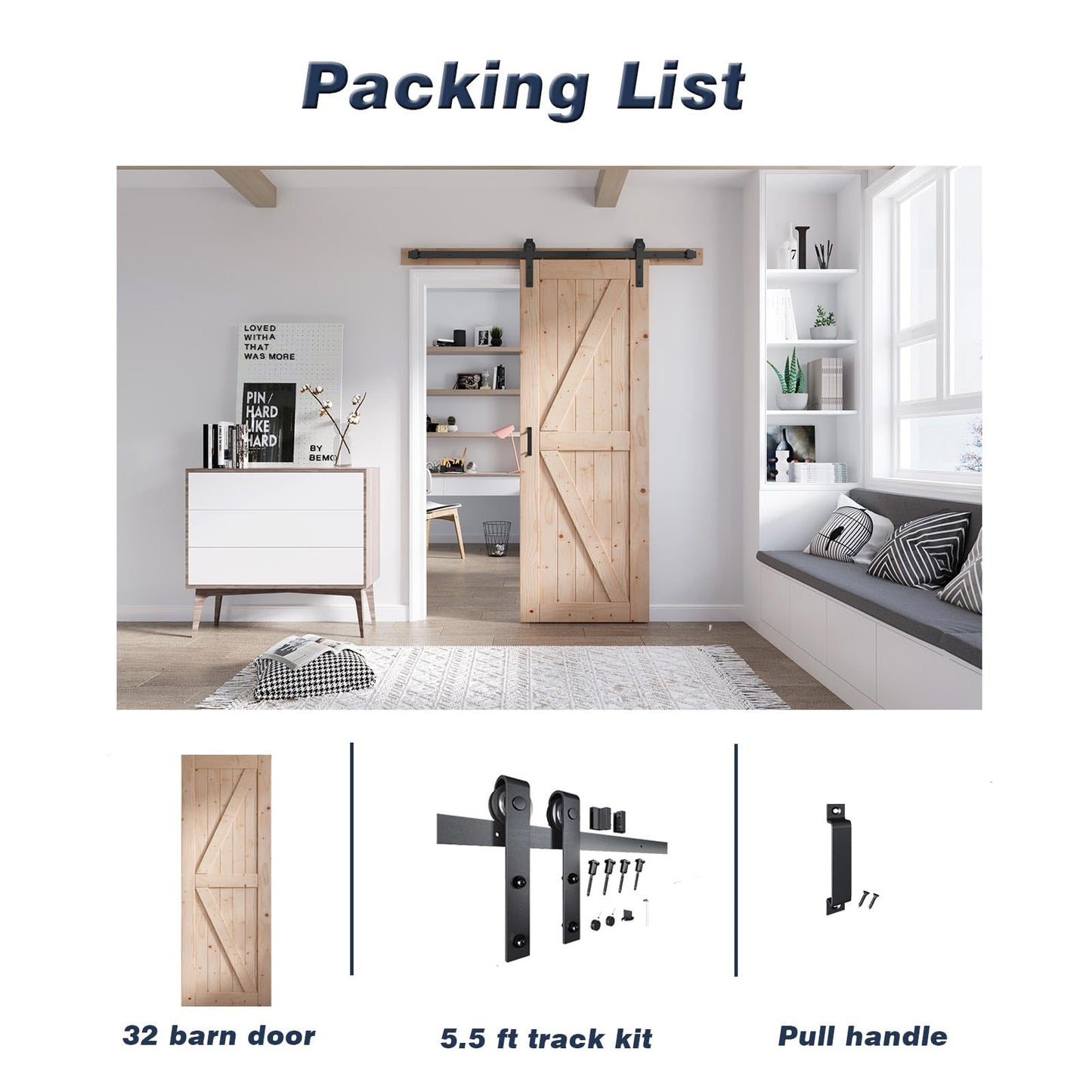 FREDBECK 32in x 84in Sliding Barn Door with 5.5FT Barn Door Hardware Kit Included Wood K Shape Solid Spruce Panel Need to Assembly
