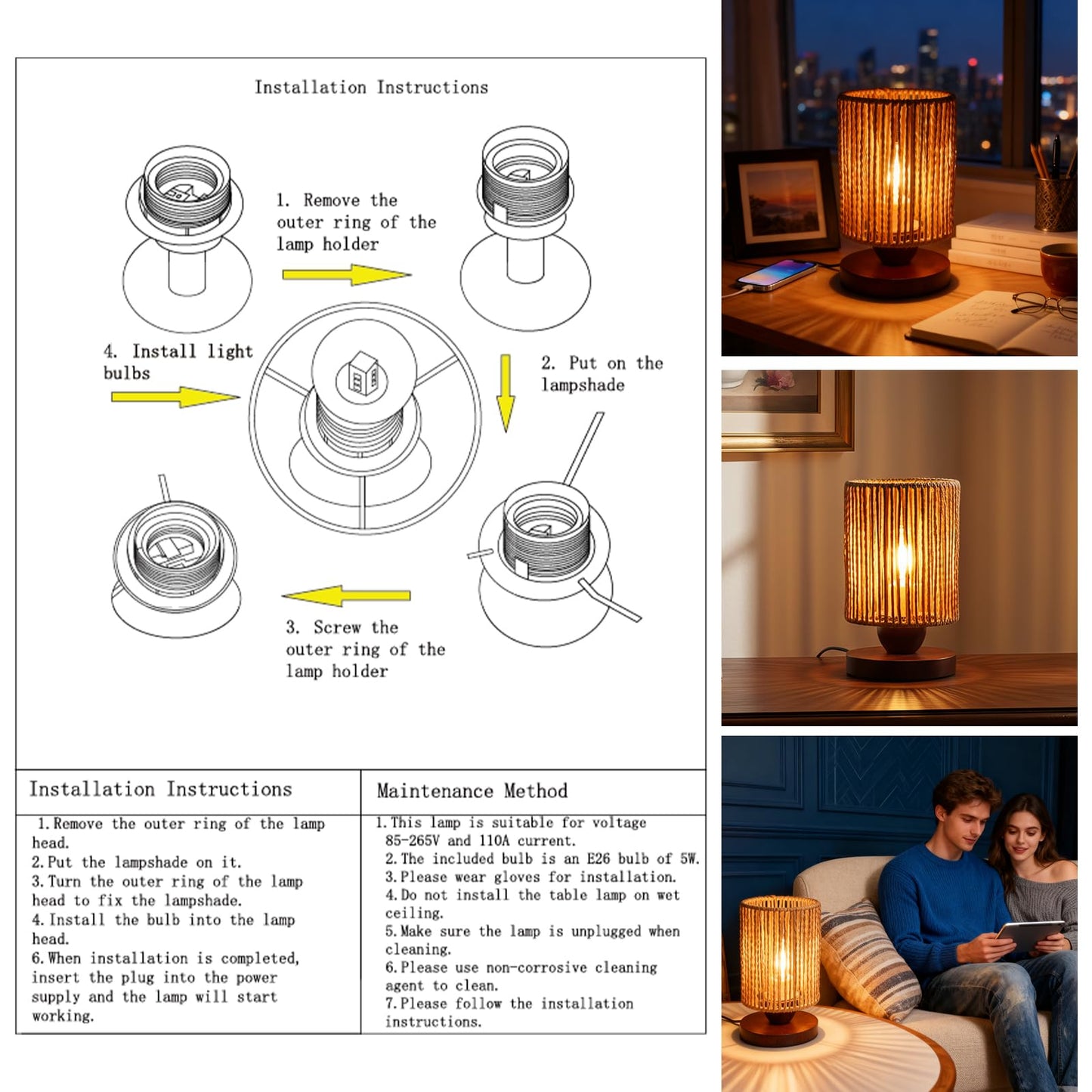 Handmade Rattan Lamp Boho Table Lamp for Bedroom, Small Woven Lamps for Night Stands with Warm White LED Bulb, Coastal Boho Lamp for Living Room Reading Nook Office Desk, 12cm Shade 20cm Height