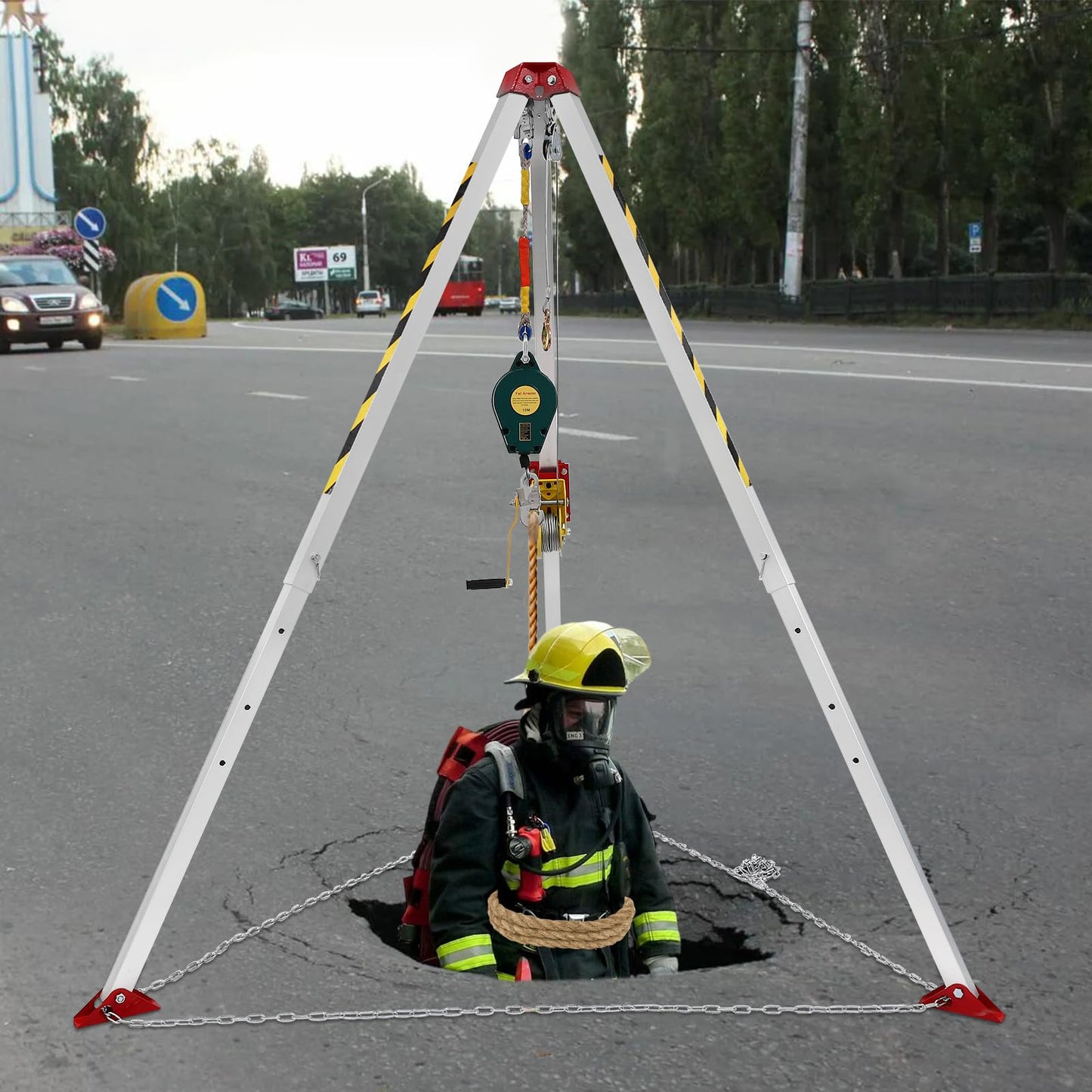 Confined Space Tripod Kit,Heavy Duty Rescue Tripod Lifting Hoist with Fall Arrester,65.62ft Cable Portable Tripod Kit for Down Wells,Road Construction (1200LBS)