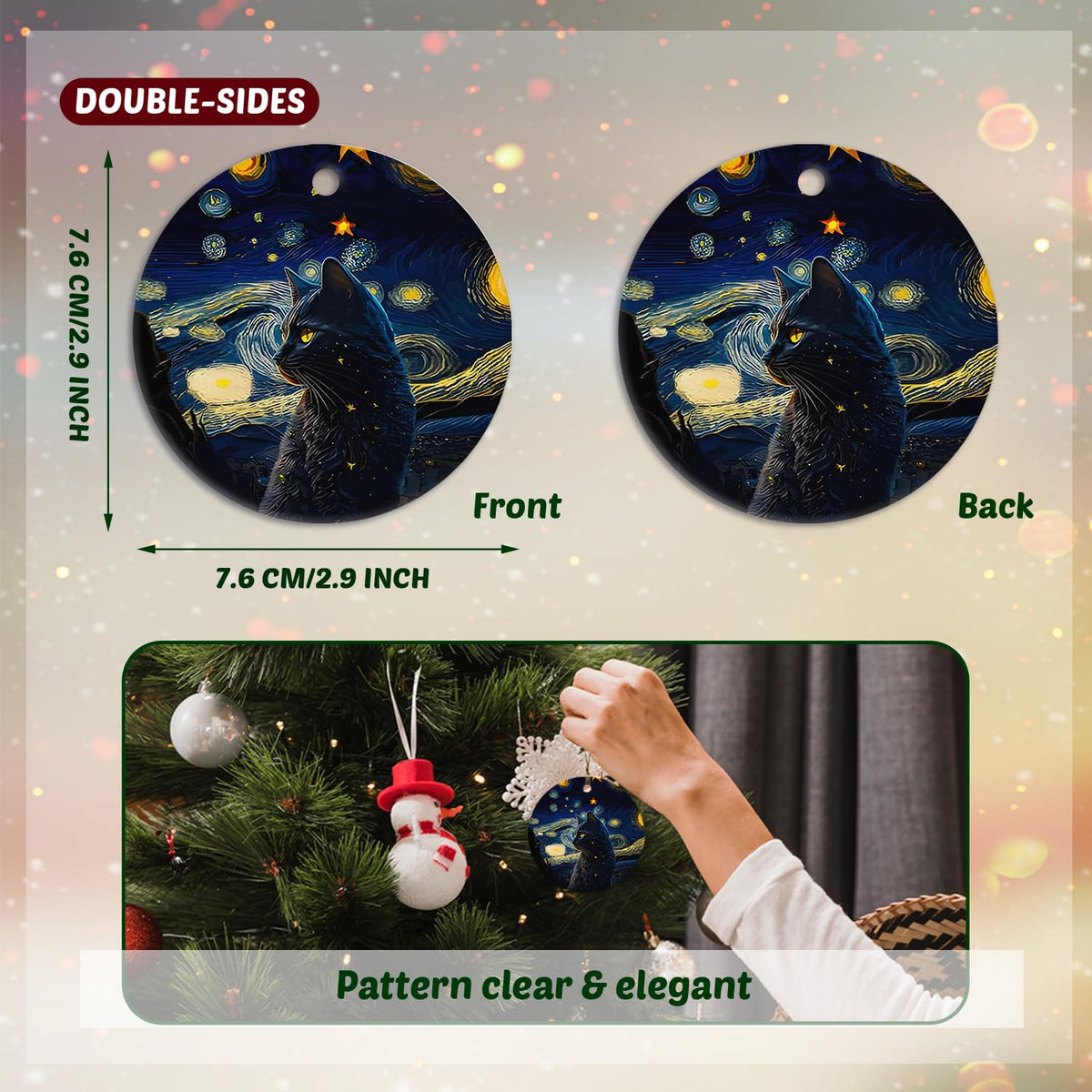 ignytiger Black Cat Christmas Ornaments,Christmas Cat Gifts for Cats Mom Women,Starry Night Ceramic Hanging Ornaments