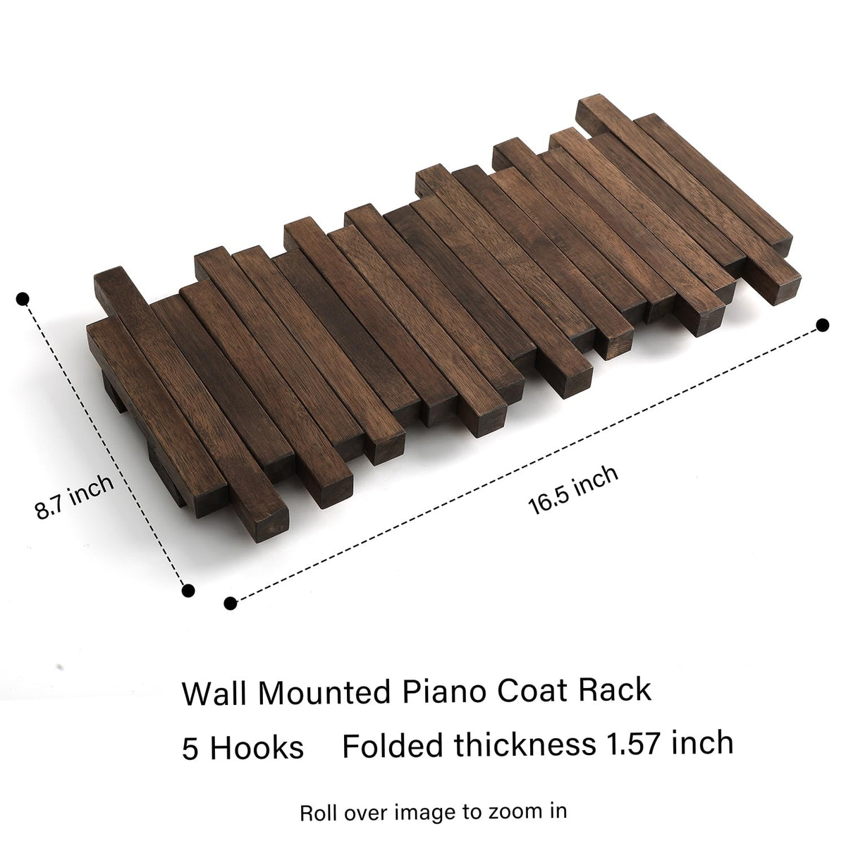 GOGREEBELL Wall Mounted Piano Coat Rack| Coat Rack Wall Mount| Flip Down Hook Rack 5 Hooks| Entryway Wall Art Hook,Made of Acacia Wood (Wood Wax Oil Dyed Walnut Color).Wall Art