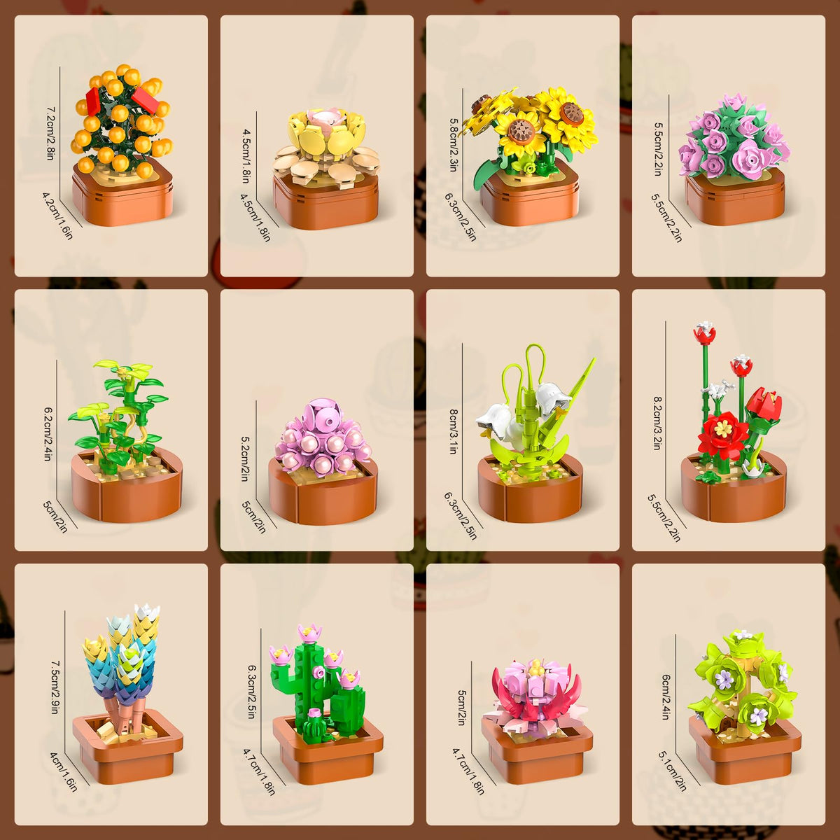 CUBIMANA 12 Pack Flowers Succulents Mini Building Set - 1403PCS Flower Botanical Collection for Home Office Décor 3.6MM Plant Blocks Toy, Easter Birthday Gifts for Adults Women Kids Girls10+