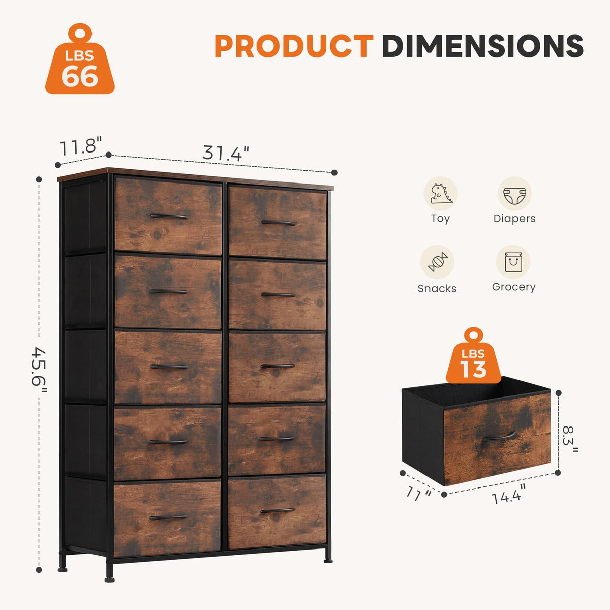 Sweetcrispy 10 Drawer Dresser, Tall Fabric Dresser for Bedroom, Brown