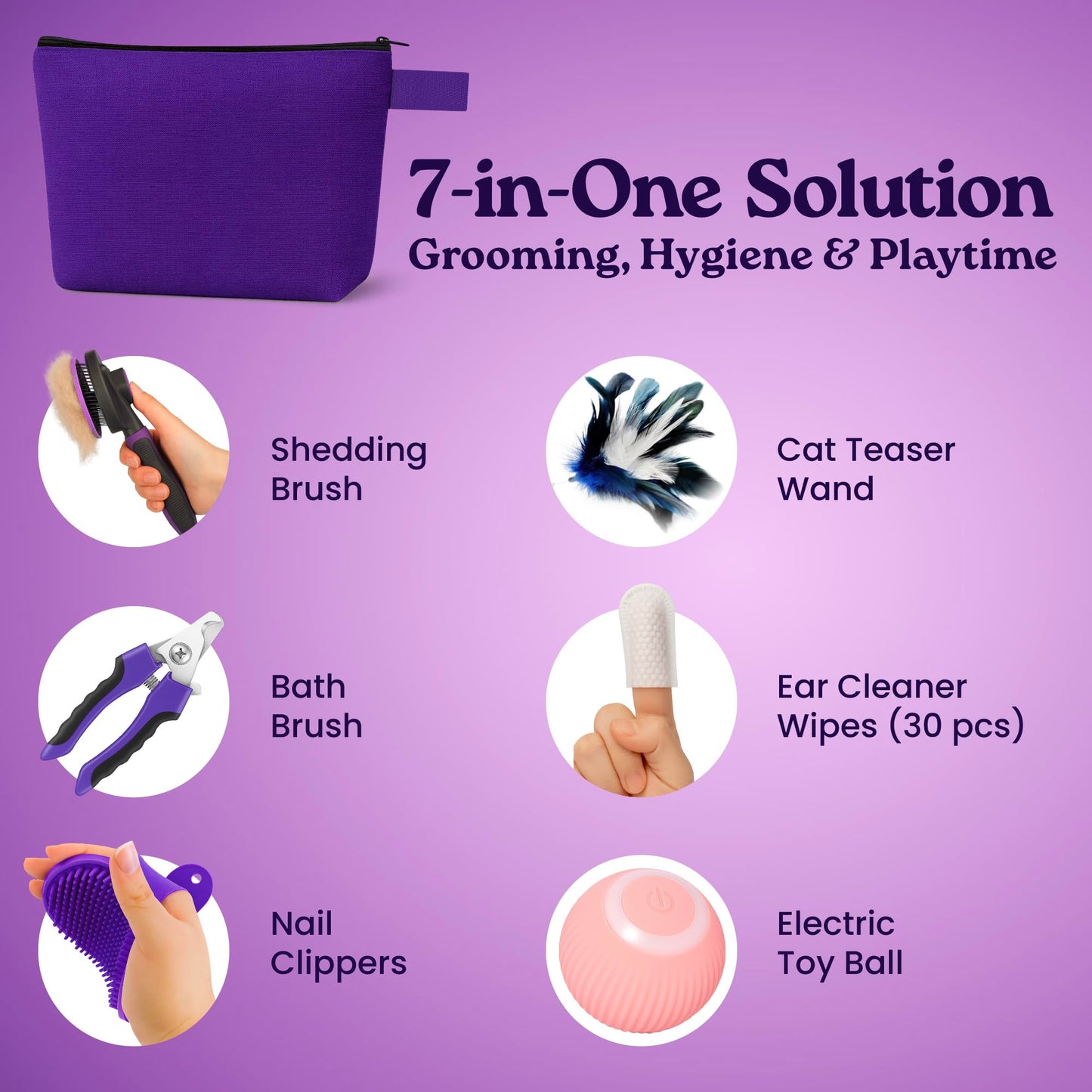 Cat Care Grooming Kit 6 in 1, Include: Nail Clipper, Brush for Shedding, Wand Toy, Interactive Ball Toy, Bath Brush, Ear Cleaner Finger Wipes (30ct.), Cat Grooming Supplies