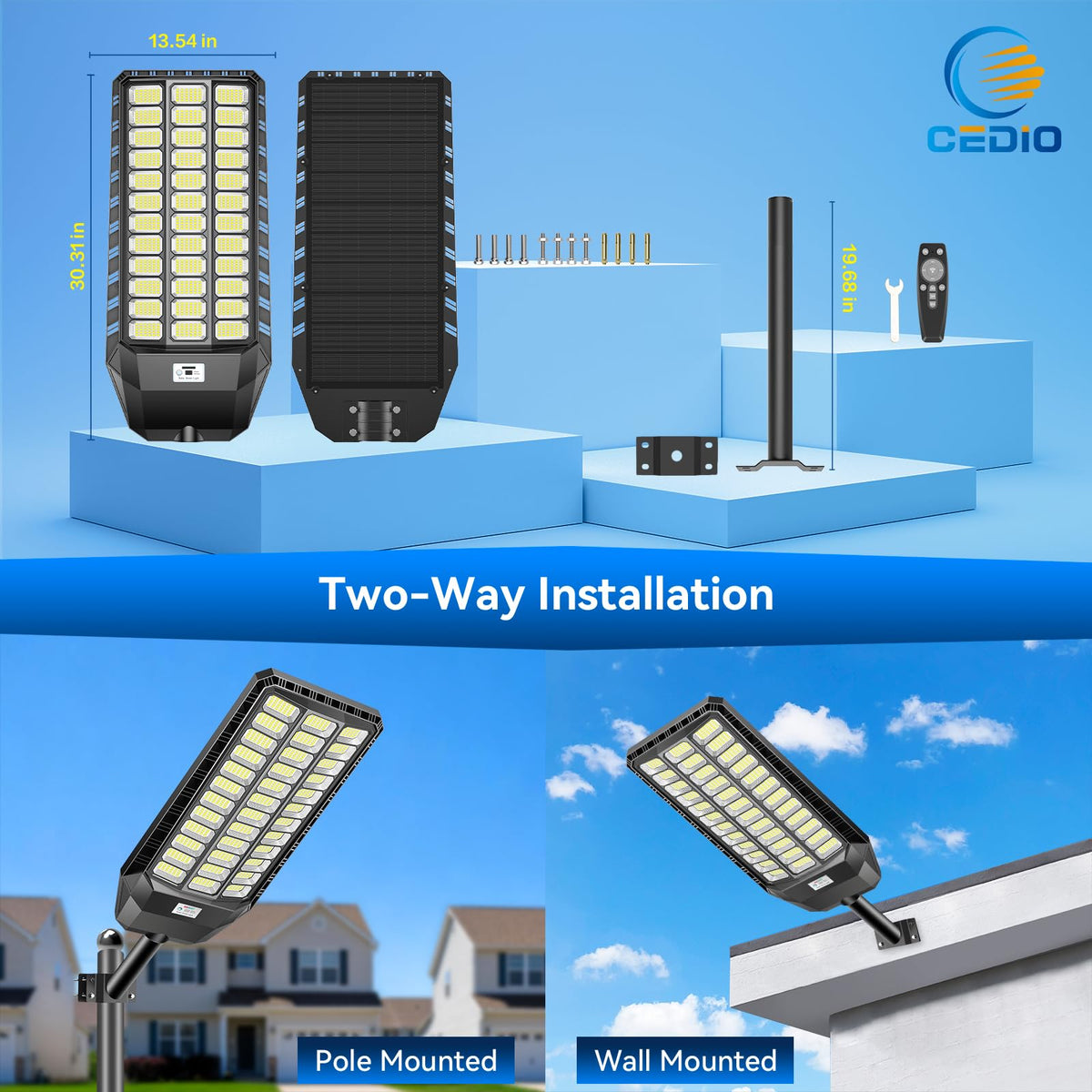 CEDIO 12000W Commercial Grade Solar Street Light, IP67 Waterproof Heavy Duty LED Flood Light with Remote & Motion Sensor, Dusk to Dawn Security Light for Parking Lot, Farm, Property, Yard, 2 Pack