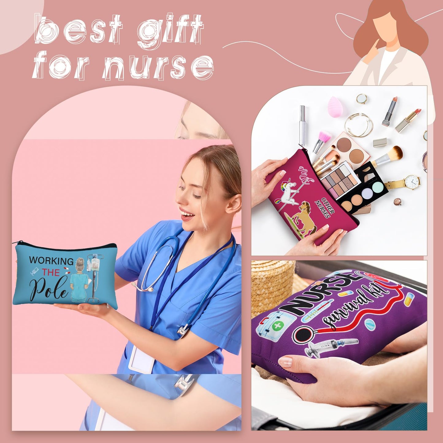 Irenare 30 Pcs Nurse Appreciation Week Gifts Nurse Survival Kit Canvas Makeup Bags Cosmetic Peace Love Nursing Travel Toiletry Case Earpiece Toiletry Zipper Pouch Bag Thank You Gift(Nurse Life)