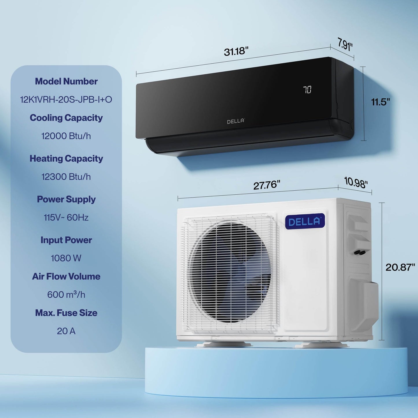 DELLA Umbra 12000 BTU Mini Split Air Conditioner, 20 SEER2 115V, Energy Efficient, Cools Up to 550 Sq.Ft, 1 Ton Heat Pump, Work with Alexa and Wifi, Ductless Inverter System, Pre-Charged, 16.4ft Kit