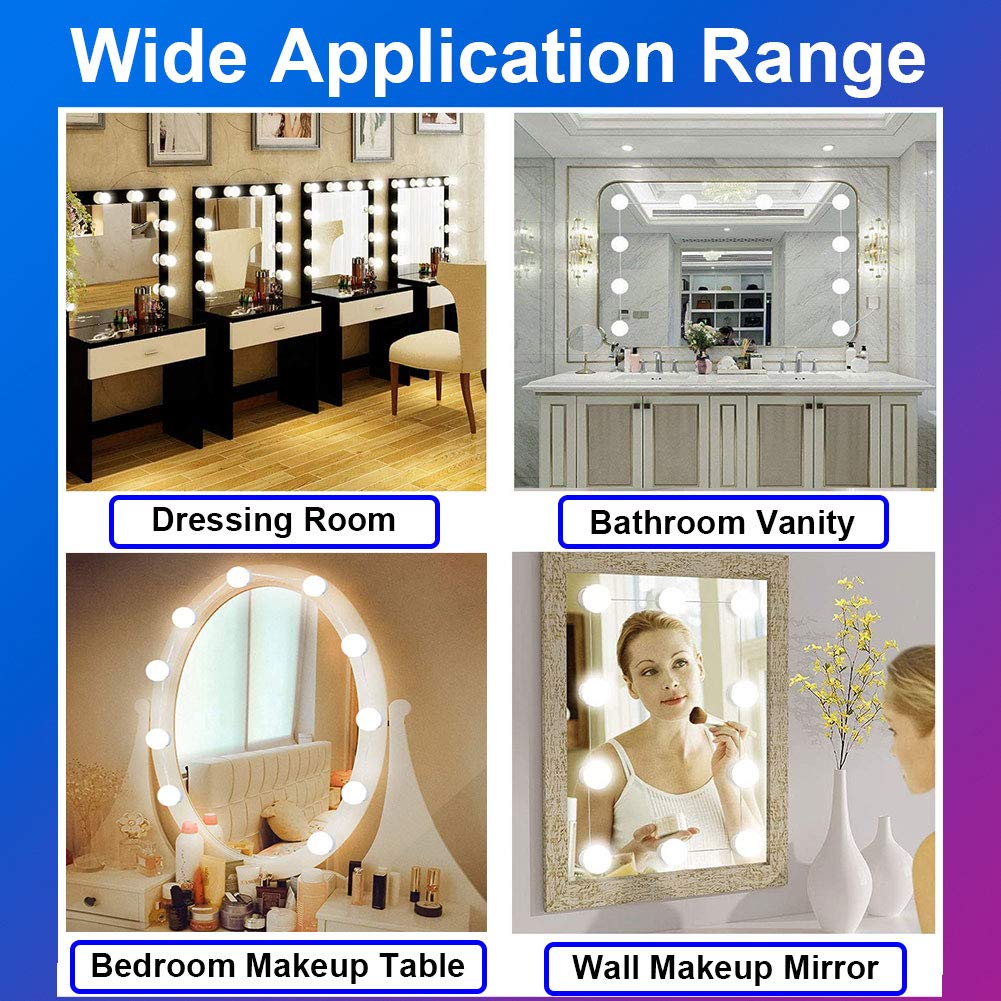 Hollywood Style Mirror Lights Kit DIY, LED Vanity Makeup Lamp 14 Globe Bulbs Dimmable Stick on to Mirror USB with 3 Light Colors & 10 Brightness Levels for Dressing Table Room, Bathroom, Bedroom