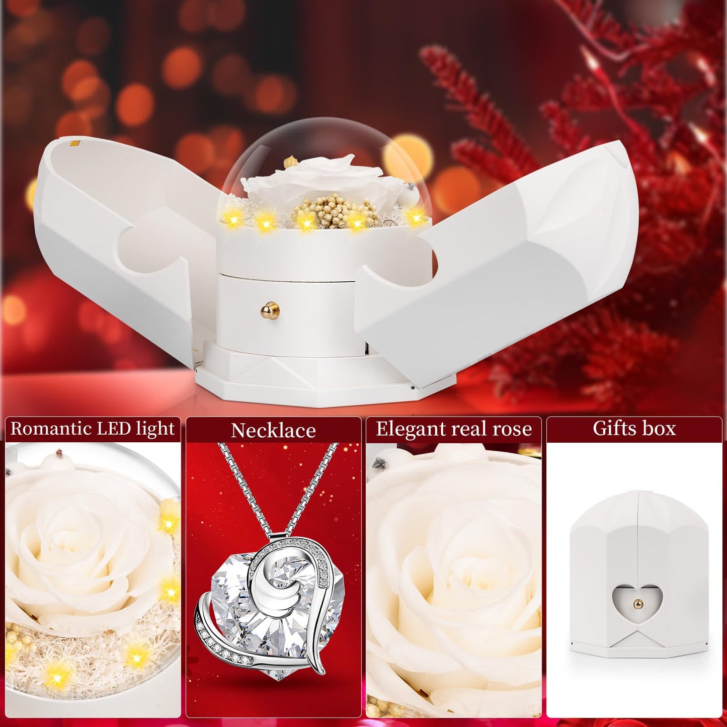 Preserved Real White Rose with Necklace Forever Flowers Rose Valentines Day Gifts for Her Wife Girlfriend Women Mom Grandma on Valentines Mothers Day Sweetest Day Christmas Anniversary Romantic-White