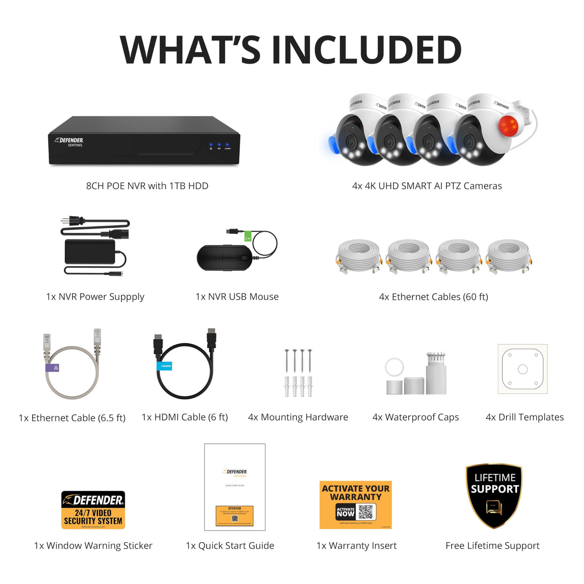 Defender AI Powered Sentinel 4K Wired Security Camera System, 360° PTZ Security Camera System with AI Tracking, Smart Human Detection, Blue-Red Light Deterrence, and Color Night Vision | 4 Cameras 1TB