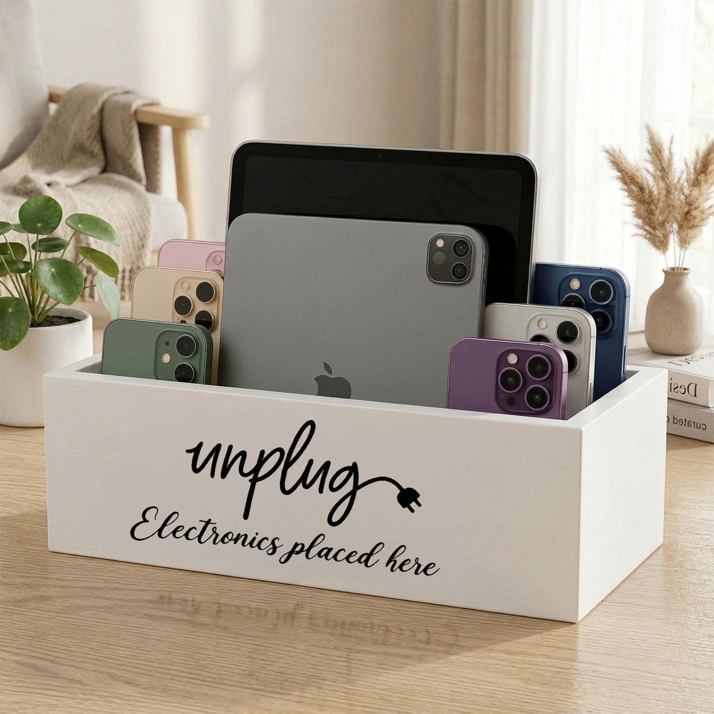 CHONIC Unplug Box, Farmhouse Style Be Present Phone Box, Cell Phone Basket for Home, Wood Mobile Phone Jail, Family Time out Charging Station for Phone Tablet Electronics Holder (White)