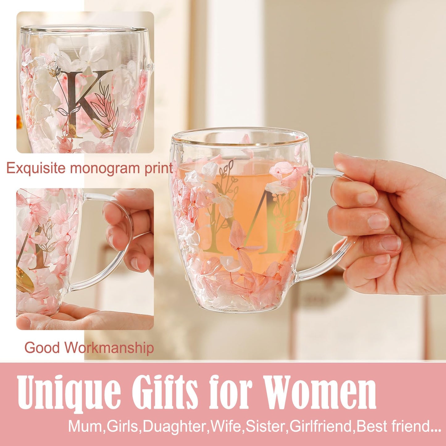 Personalized Gifts for Women Flower Glass Coffee Mug Initial Tea cup Mother's Day Gifts for Mom Monogrammed Customized Bridesmaid Bride Wedding Gifts Graduation Valentines Birthday Christmas Gift(M)
