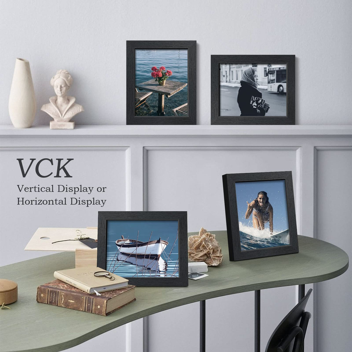 VCK 8x10 Picture Frame Set of 4, Black Wooden Photo Frames with Plexiglass, Vertical Horizontal Wall & Tabletop Display for Home Office Gallery Wall Art Decor