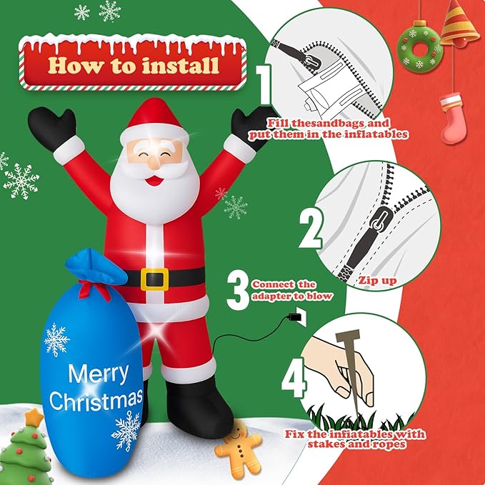 8Ft Christmas Decorations Outdoor Inflatables Giant Santa Claus Carrying a Blue Bag, Blow Up Built-in LED Lights for Party Outdoor Garden Indoor Yard Lawn