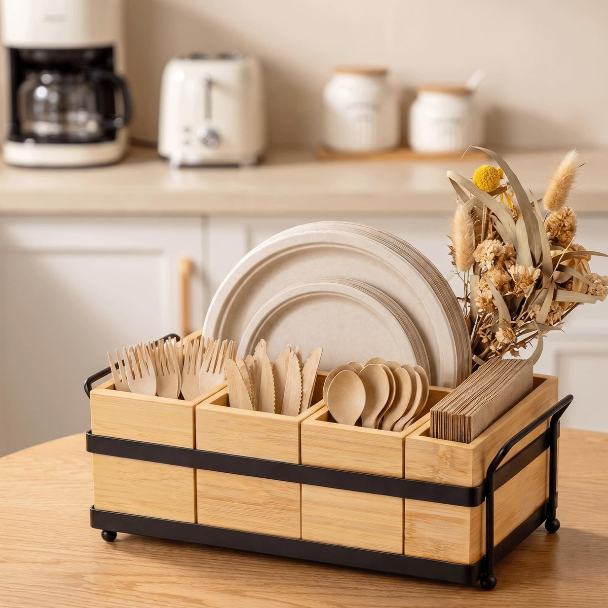Eclove 5-in-1 Bamboo Utensil Caddy and Paper Plate Organizer - Wooden Silverware Caddy with Napkin Holder and Portable Handle - Flatware Organizer for Kitchen Countertop, Camper RV, Buffet Party