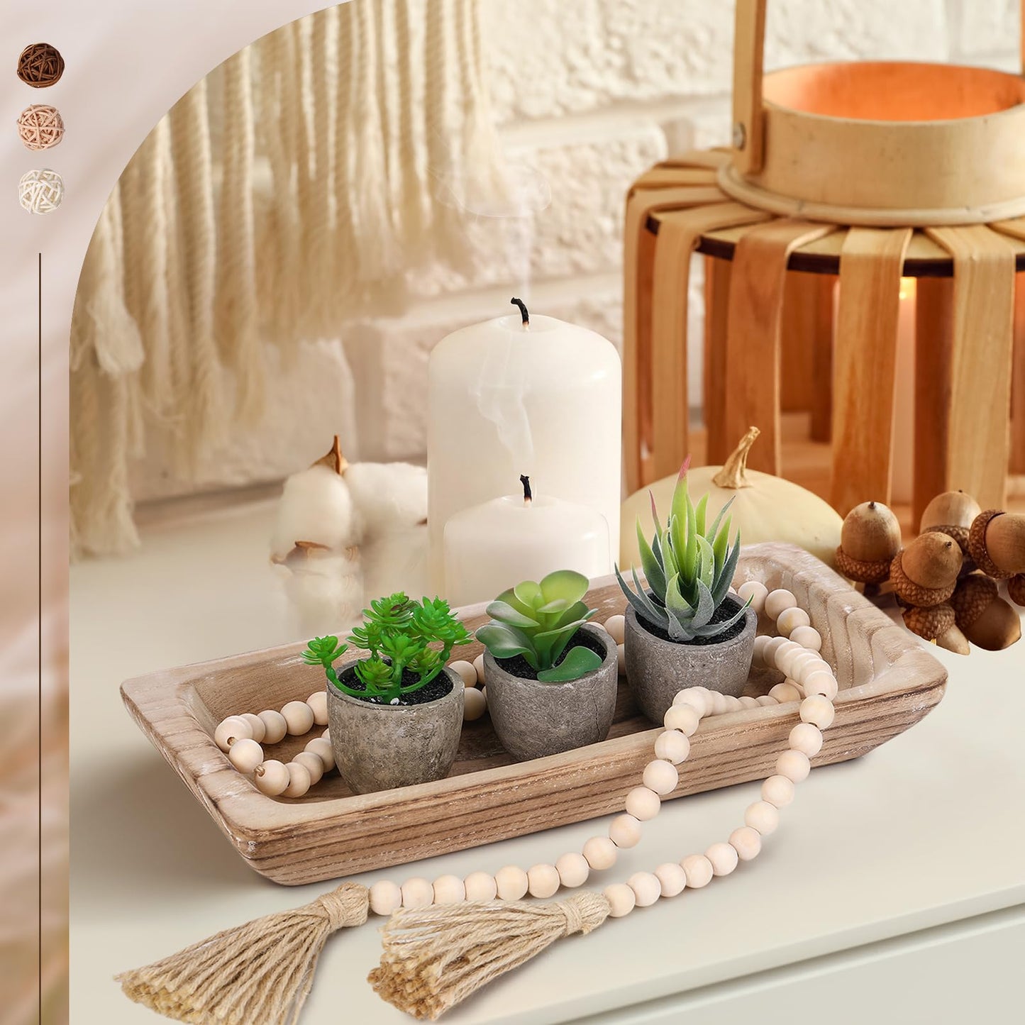 Teenyyou 17 Pcs Wooden Centerpiece Table Decorations Wood Dough Bowl Wicker Rattan Balls Beads String with Tassel Natural Decorative Tray Rustic Bowl Filler for Dining Room Kitchen(White)