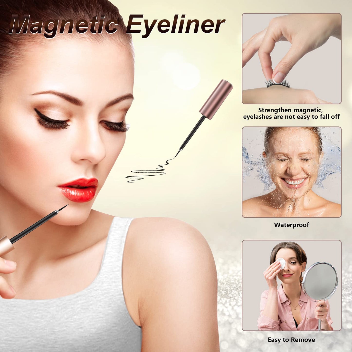 Magnetic Eyelashes Kit, 3D Reusable Magnetic False Eyelashes with 2 Tubes of Magnetic Eyeliner & Tweezers - Easy to Use, Black, Natural Look