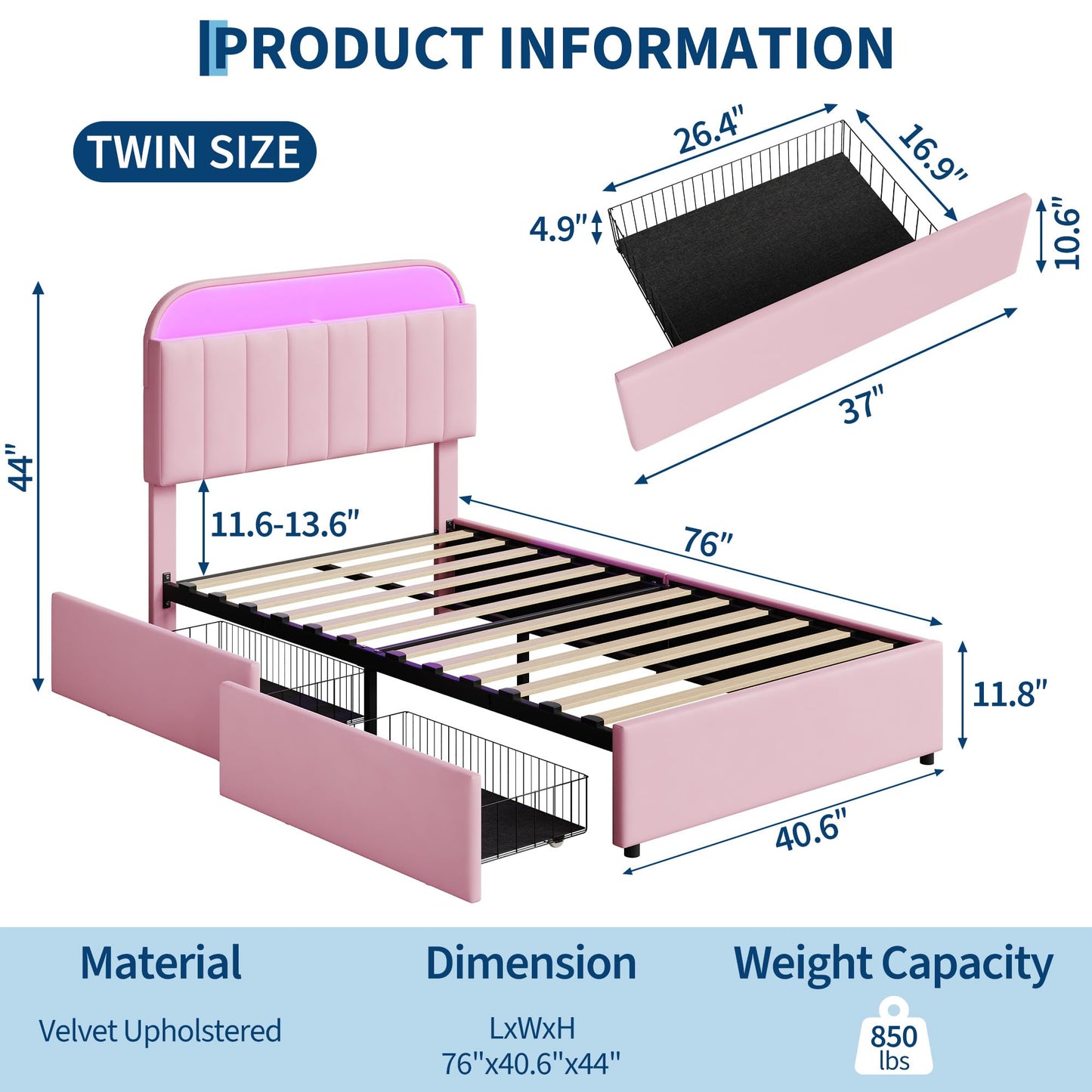 Garvee Twin Size Bed Frame with 2 Flexible Drawers, Velvet Upholstered Platform Bed Frame with Bookcase Headboard and LED Lights, Kids Bed for Girls, Easy Assembly, Noise Free, Pink