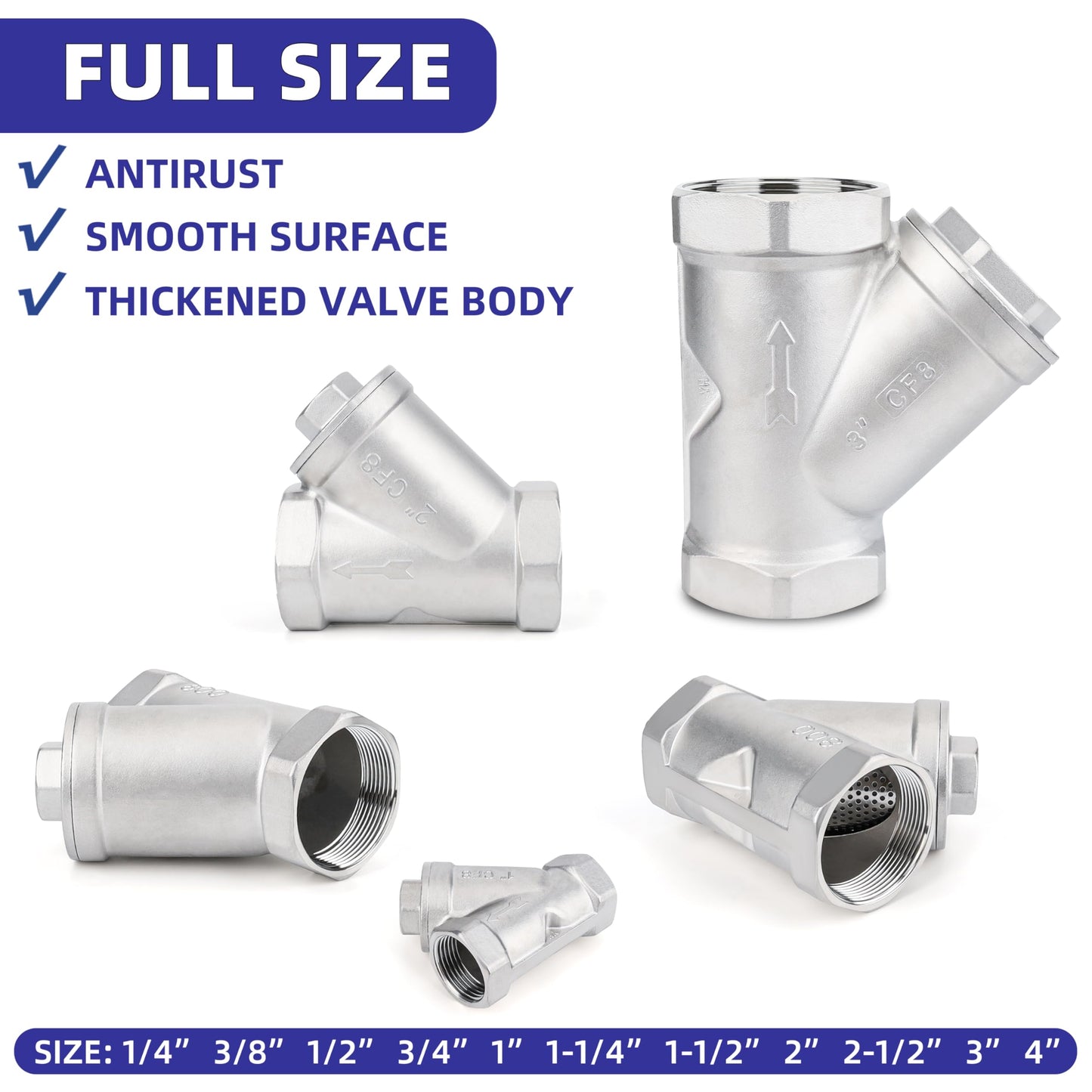 Industrial Plumbing Y Strainers NPT Female 2-1/2", Heavy Duty 304 Stainless Steel Y-Strainer, Y-Shaped Filter Valve Connector with 80 Mesh Screen to Remove Excess Impurities for Water Oil Gas DN65