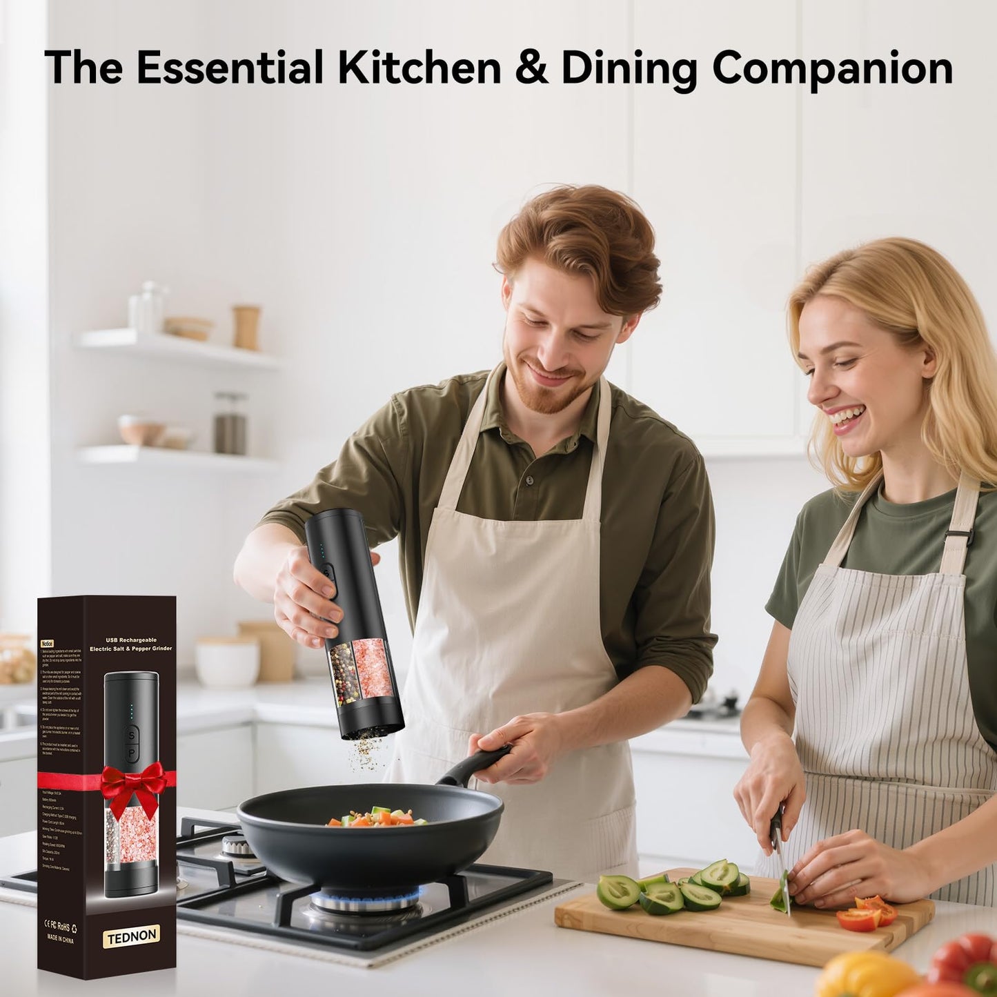 Electric Salt and Pepper Grinder Set 2 in 1, USB Rechargeable, Automatic Salt and Pepper Mill Shakers with LED Light, Battery Display, Adjustable Coarseness, Ideal for Kitchen Outdoor BBQ Gift