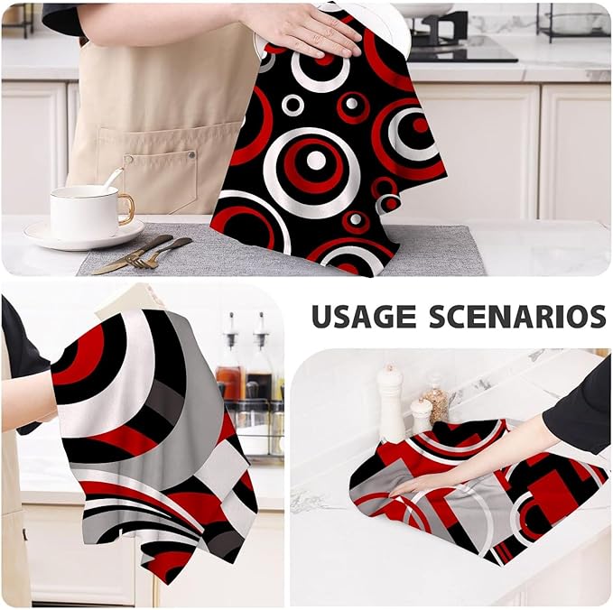 Red Black Grey White Kitchen Dish Towels Set of 4, Soft Absorbent Modern