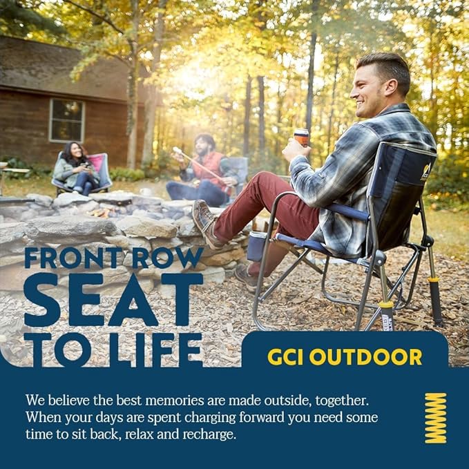 GCI Outdoor Freestyle Rocker Camping Chair | Portable Folding Rocking Chair with Solid, Durable Armrests, Drink Holder & Comfortable Backrest — Indigo Blue